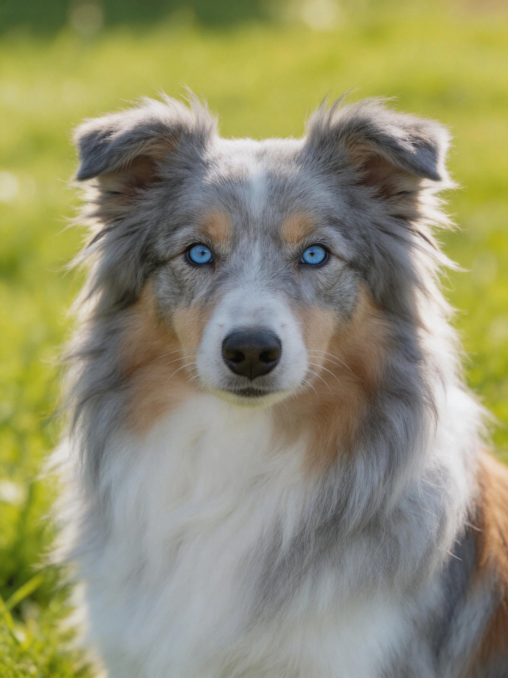 Blue-eyed gray and white dog with tan patches in a sunny meadow