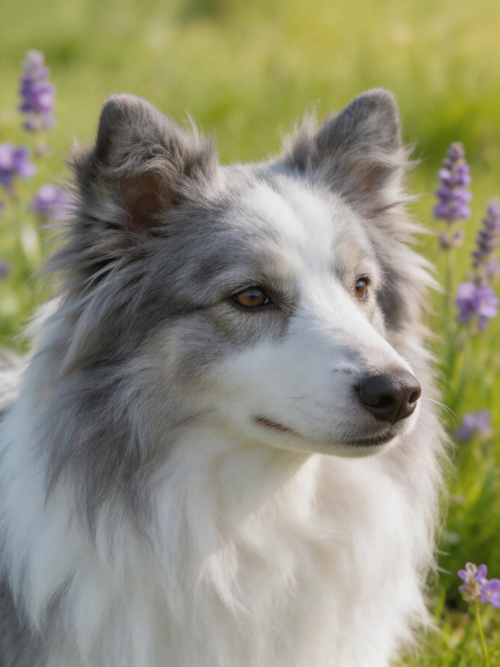 A blue merle and white dog is near vibrant purple wildflowers in a sunny outdoor space.