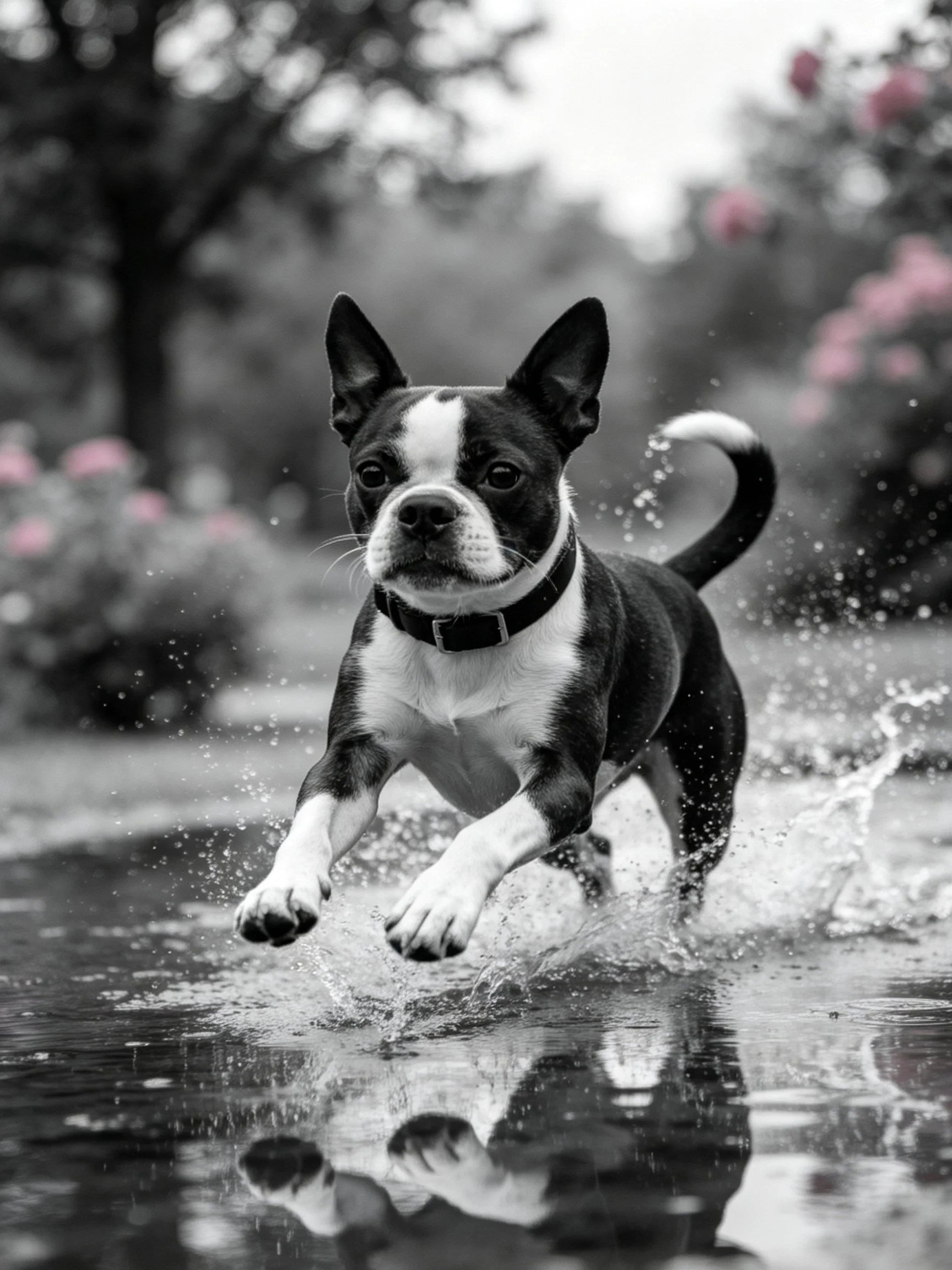Boston Terrier leaping through puddles in monochrome garden