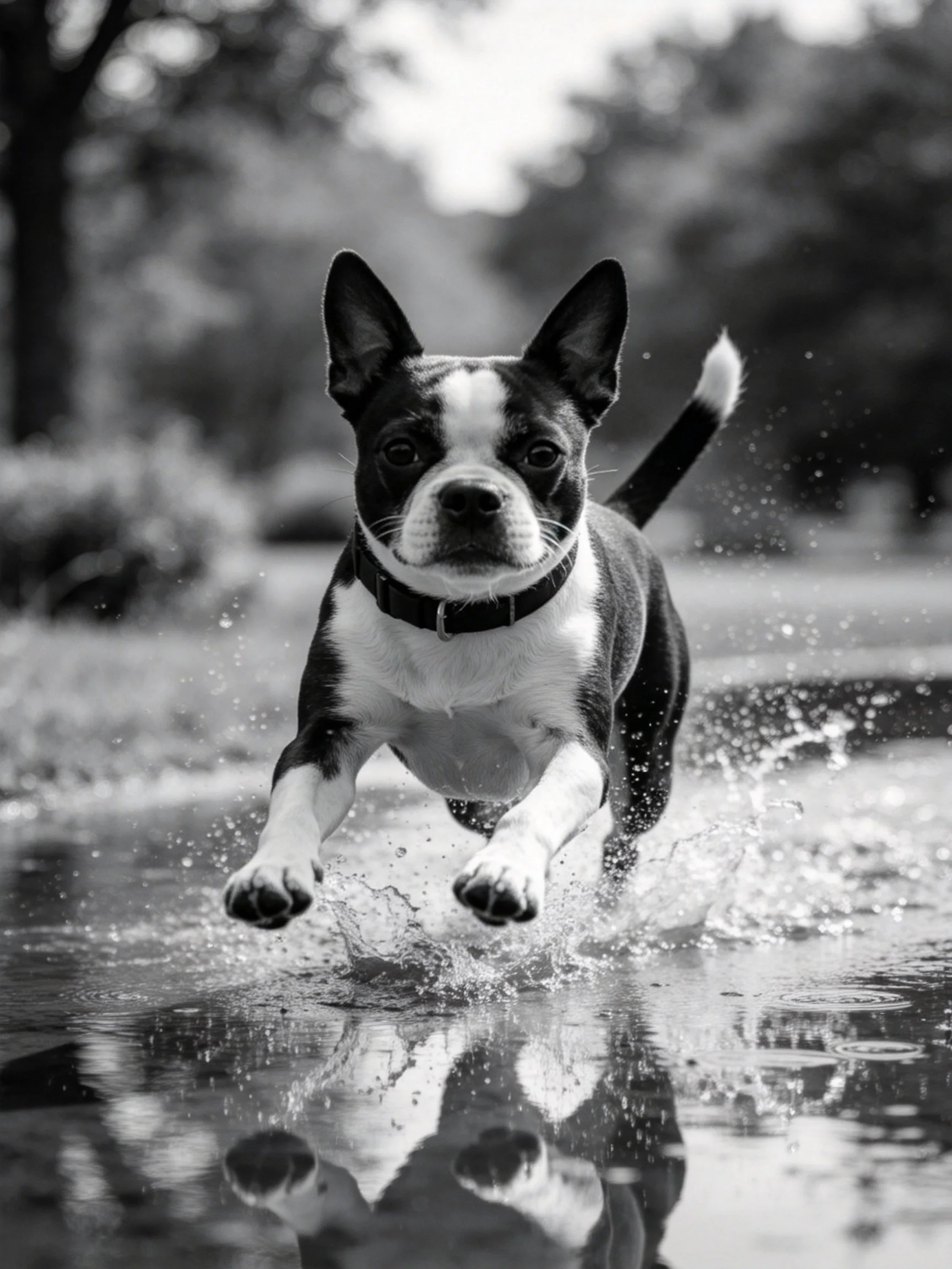 Boston Terrier leaping through splashing water in monochrome