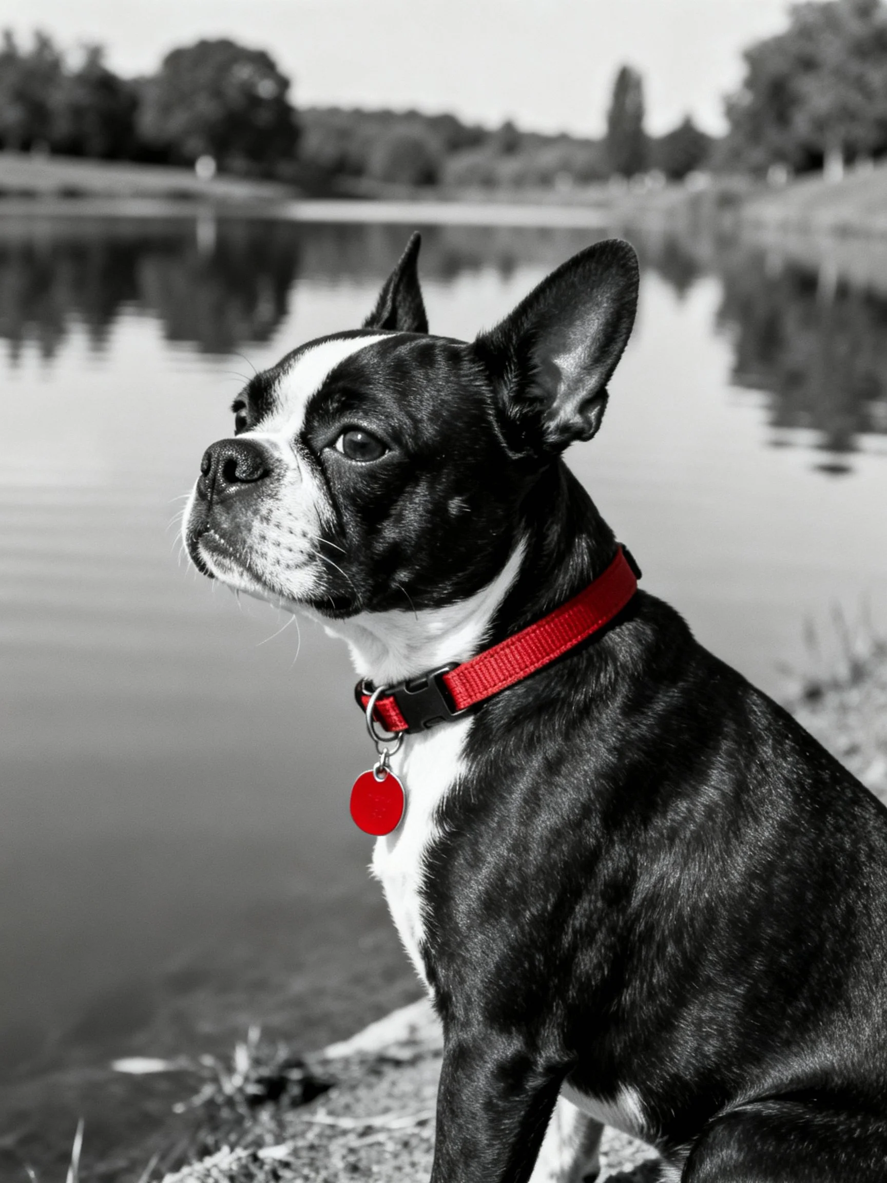 Boston Terrier with bright red collar by calm waters