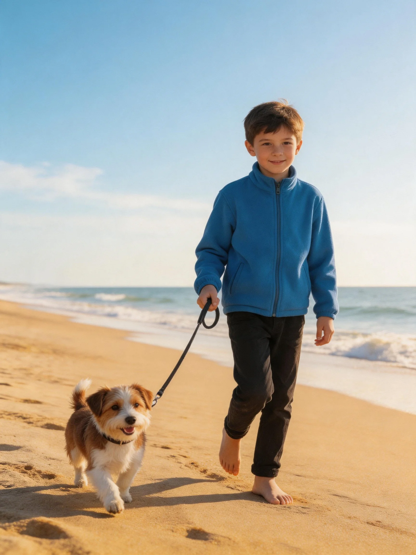 Boy walks his small brown-and-white dog barefoot on sunny sandy beach near the ocean