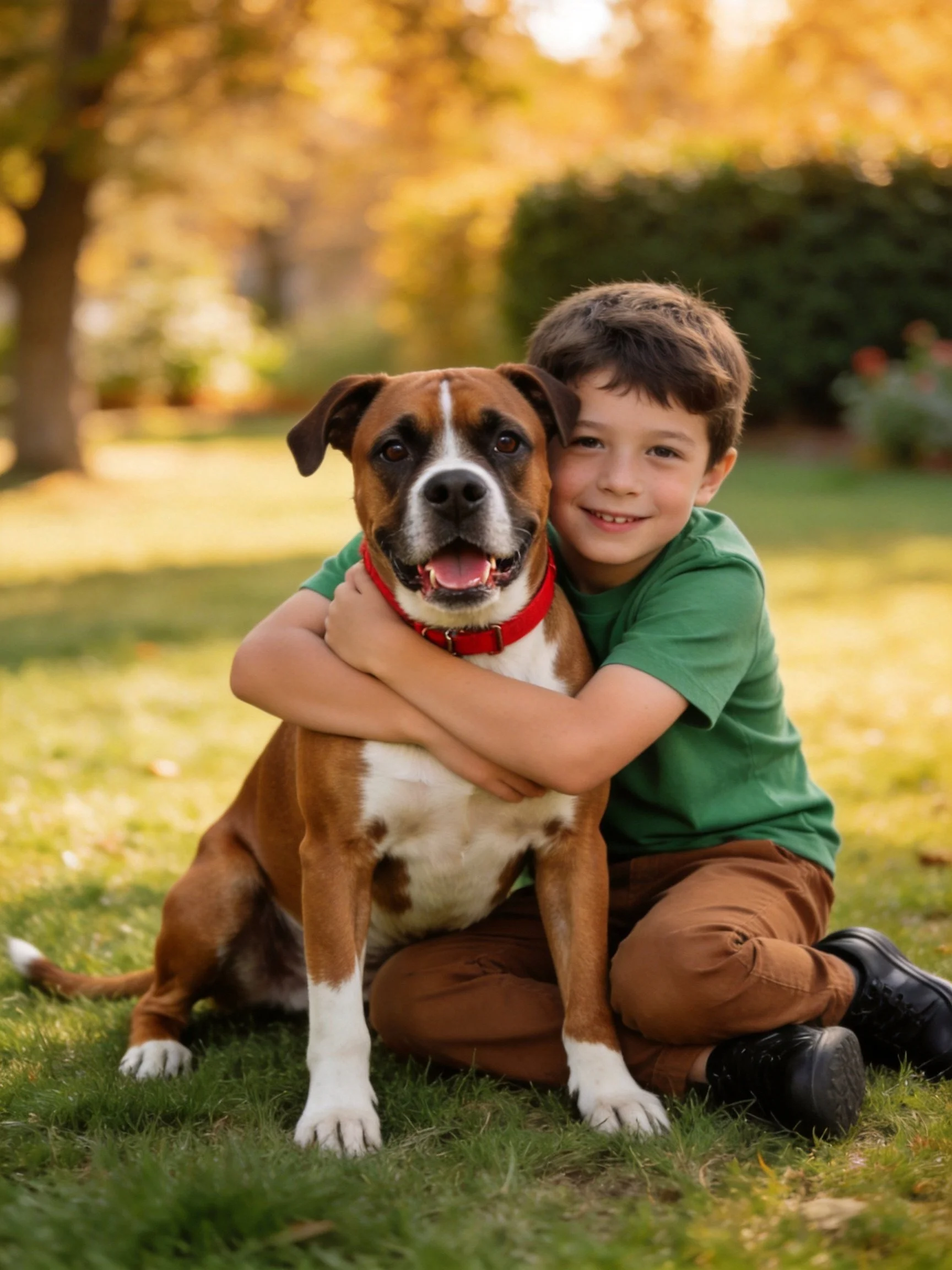 A boy embraces his brown and white dog with a red collar in a sunlit outdoor area.