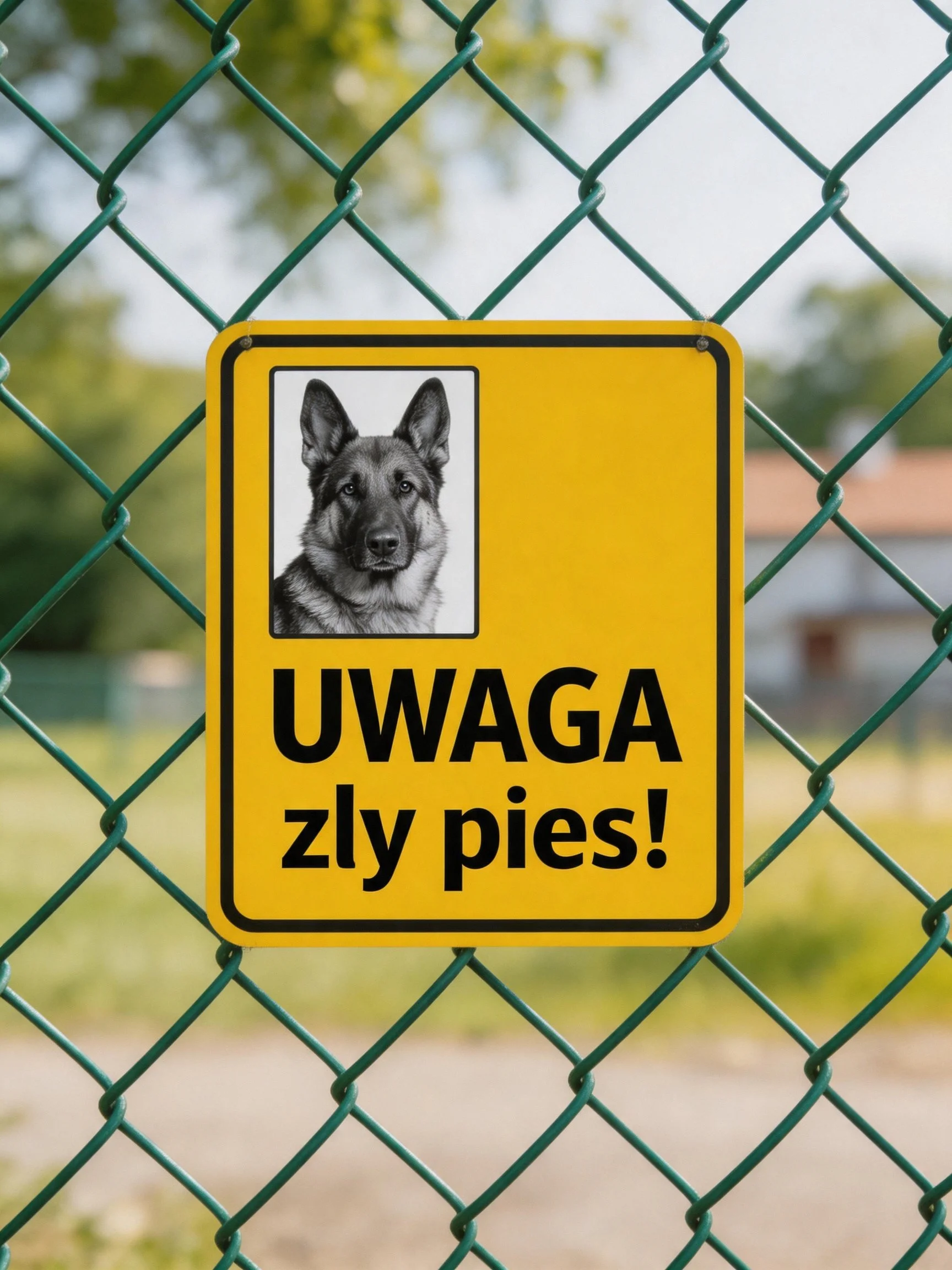 A yellow warning sign with a German Shepherd photo warns of an aggressive dog on a green fence.