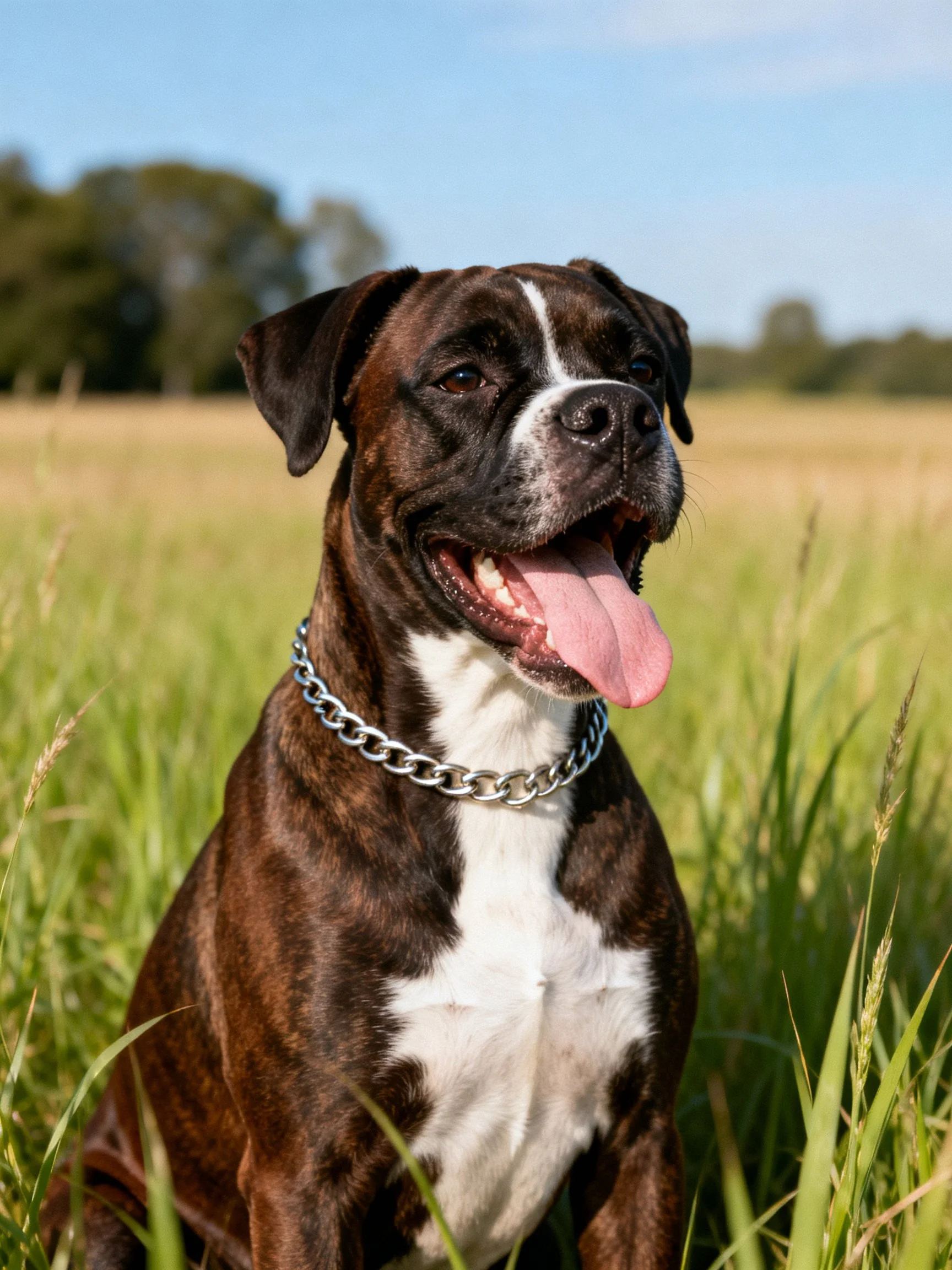 Brindle-coated boxer dog with silver chain collar in tall grass