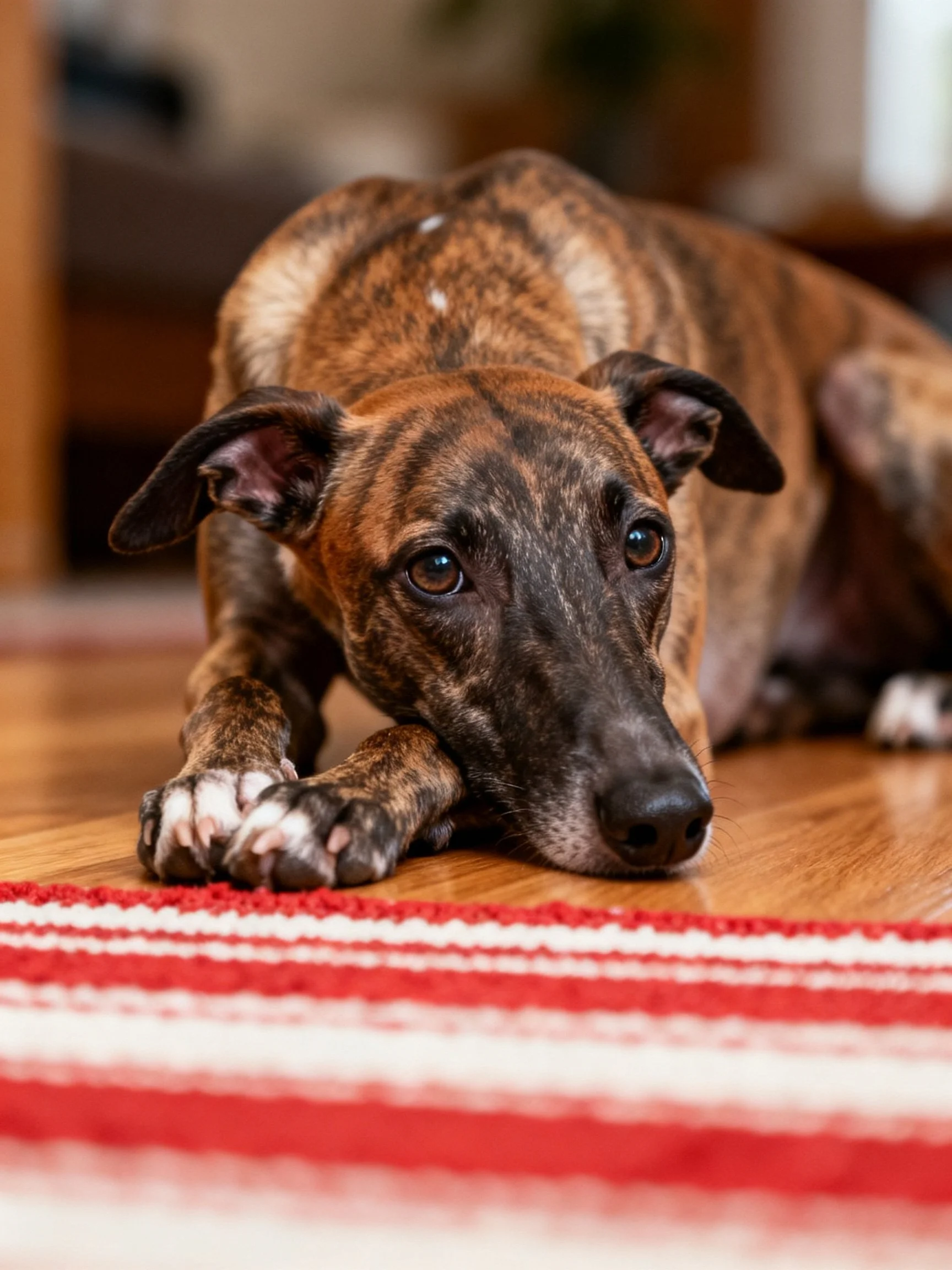 Brindle - coated dog resting on wooden floor beside red rug