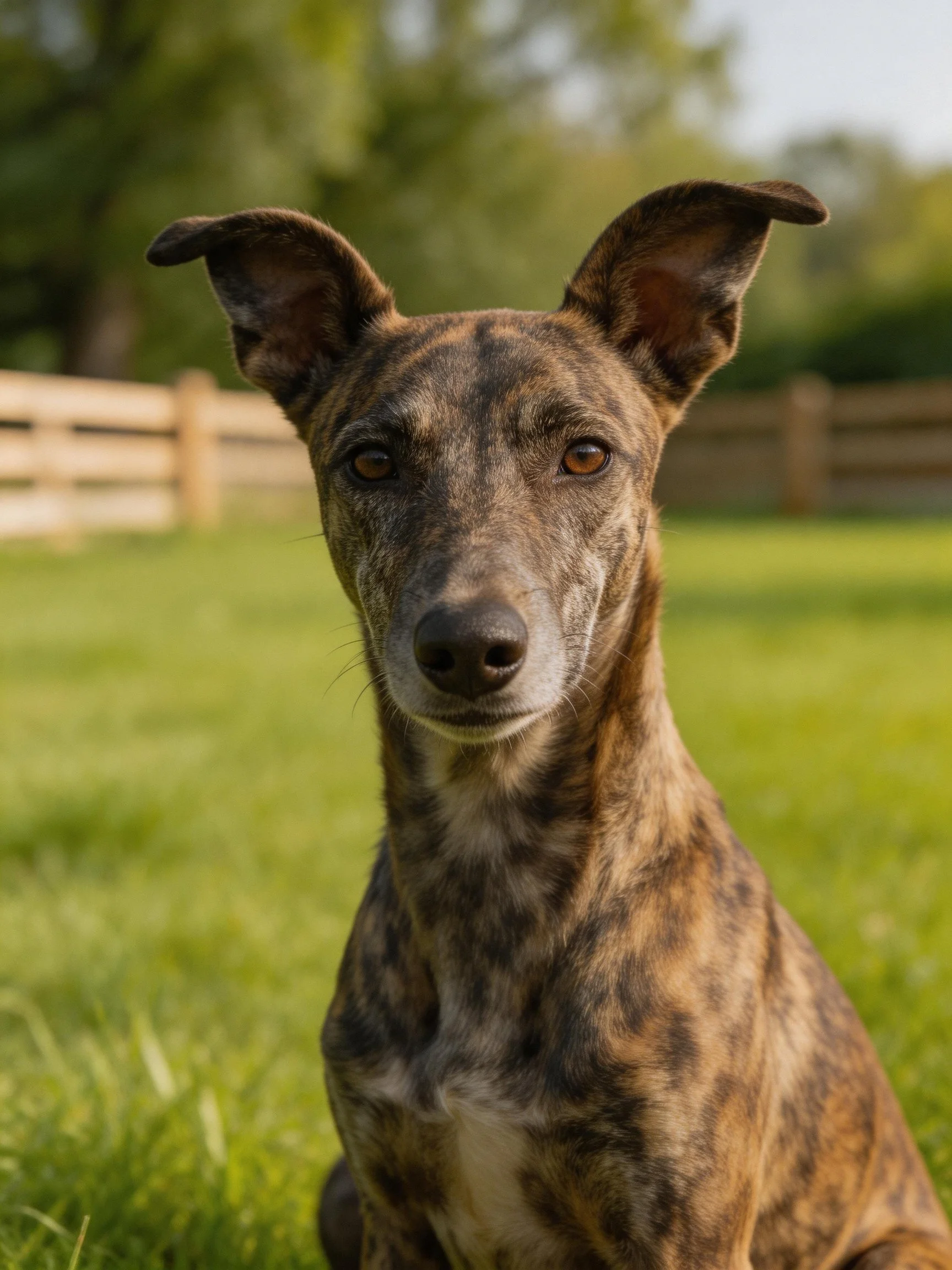 Brindle - coated dog sitting on green grass near a wooden fence
