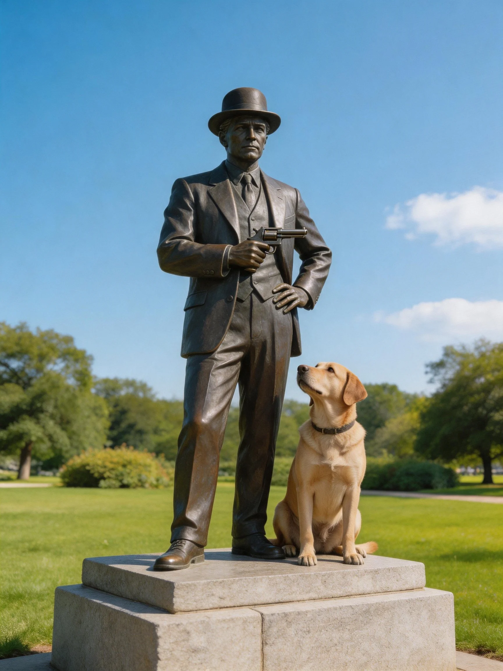 Bronze Statue of Man in Suit with Dog in Park