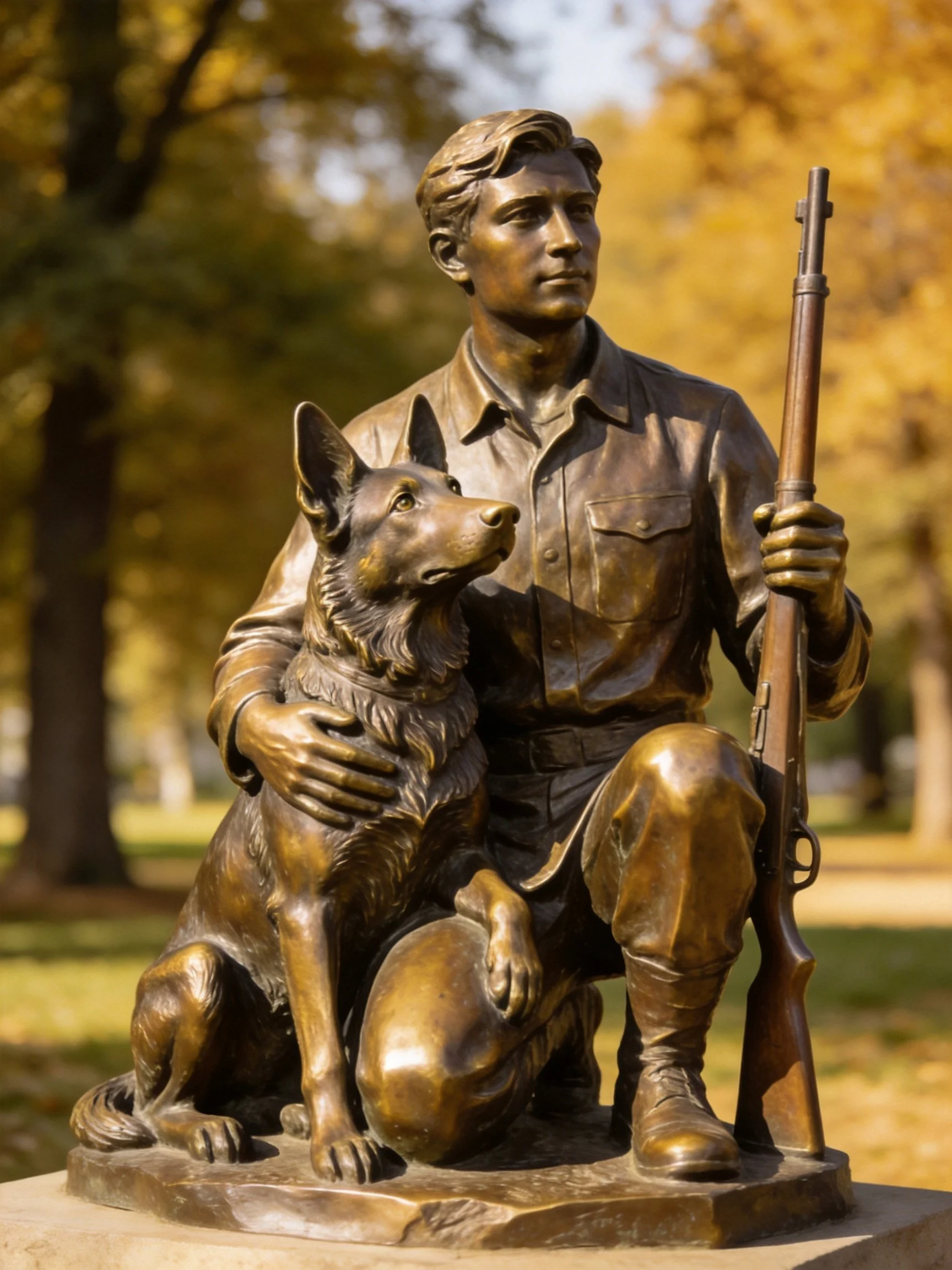 Bronze statue of a soldier kneeling with a German Shepherd dog