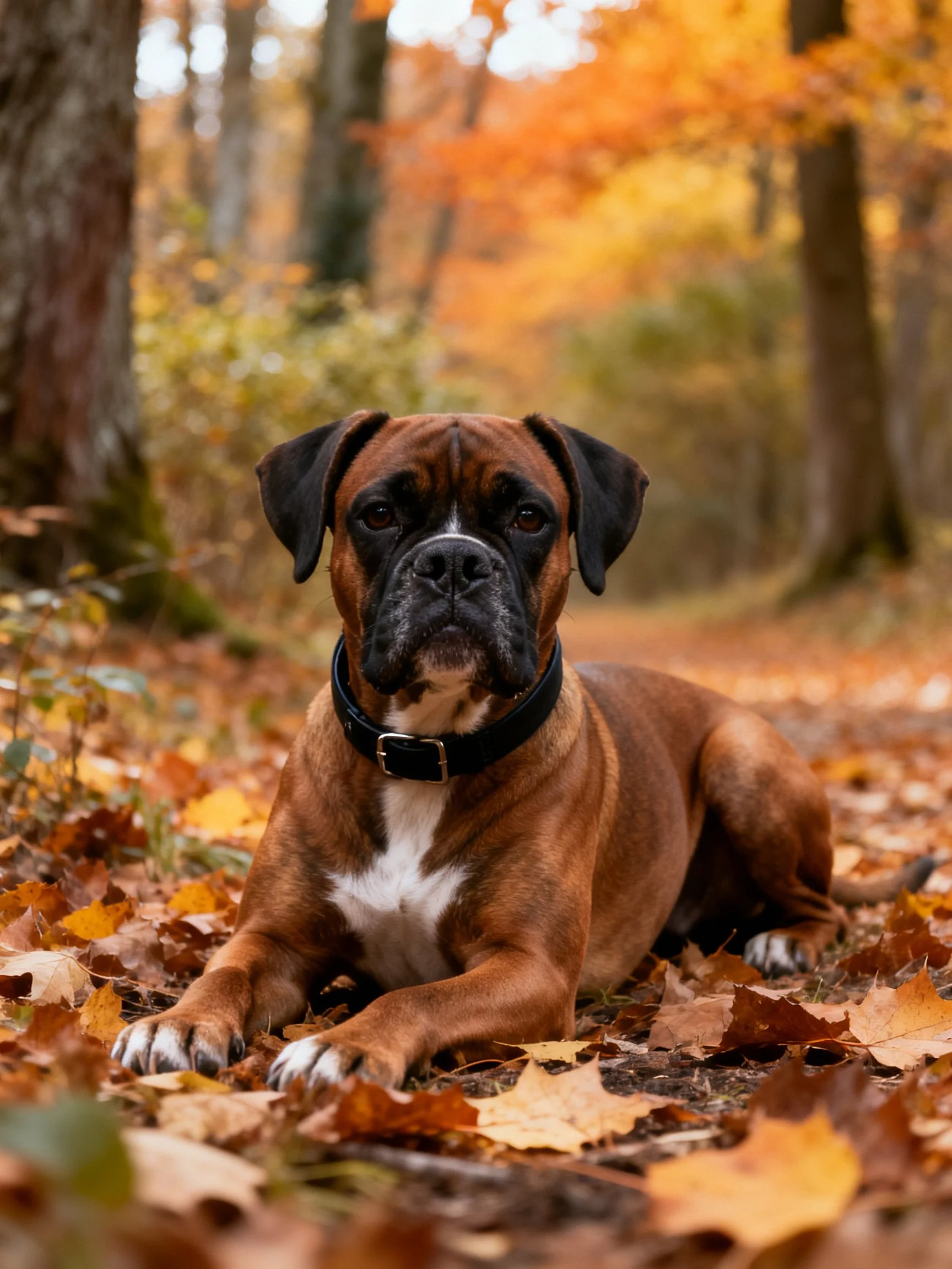 Brown Boxer dog lying among autumn leaves in a wooded trail
