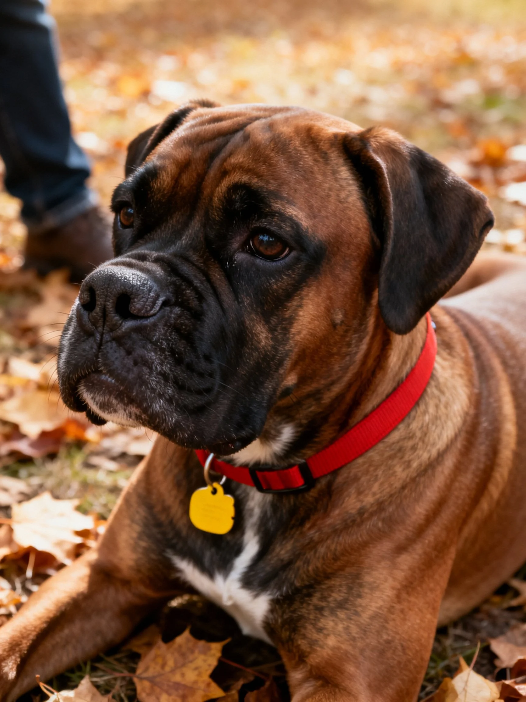 Brown Boxer dog resting among autumn leaves with red collar