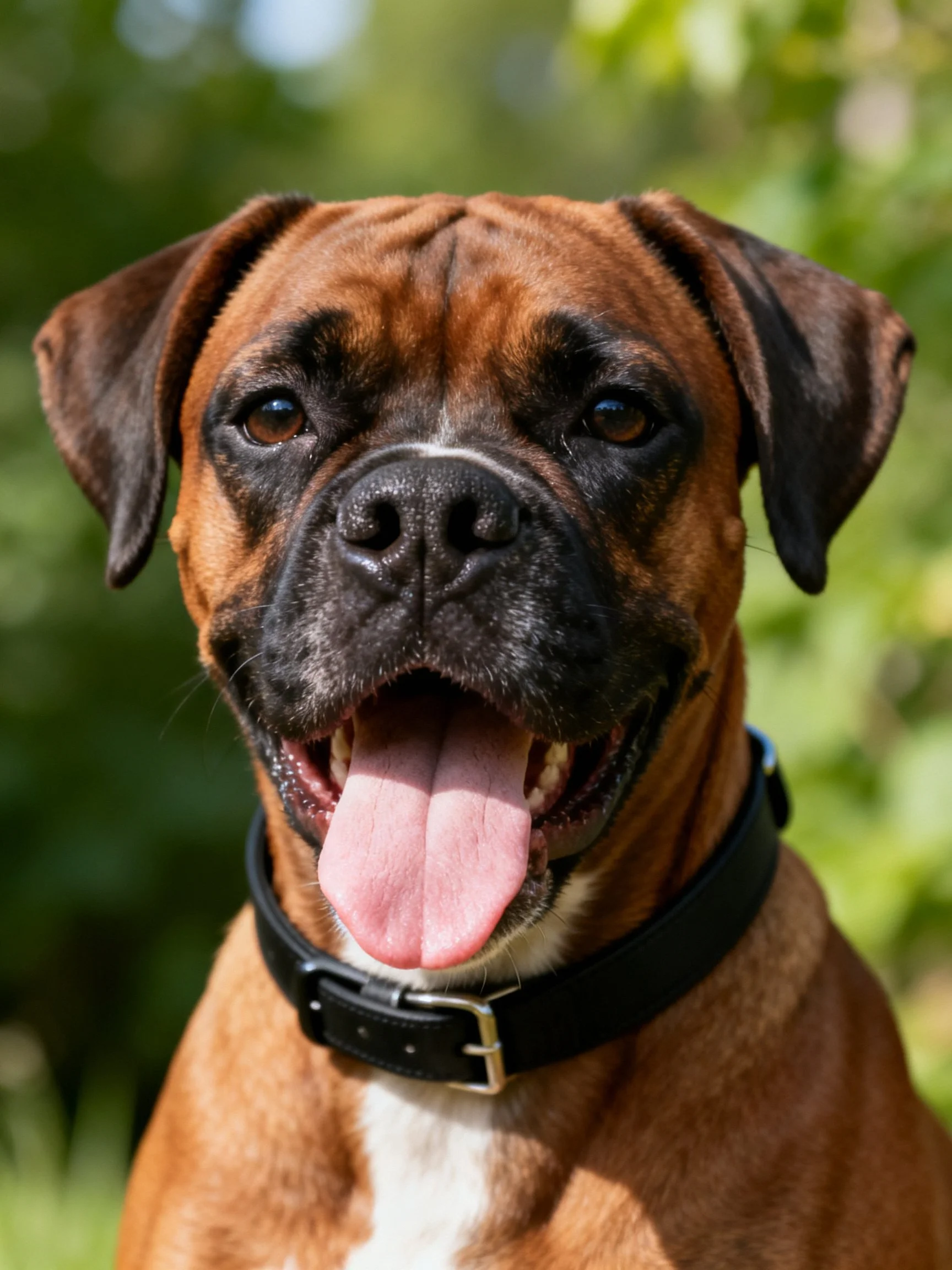 Brown Boxer dog with black collar panting outdoors