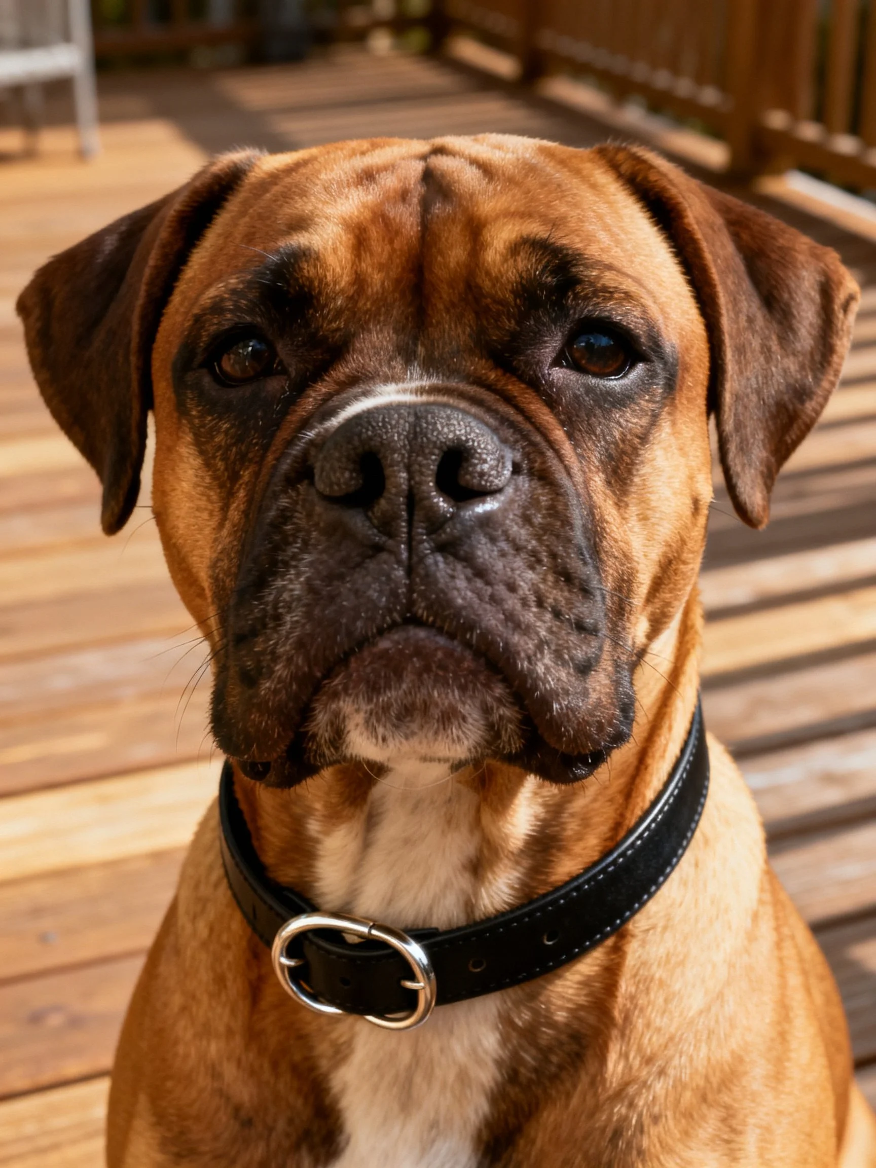 Brown Boxer dog with black leather collar on wooden deck