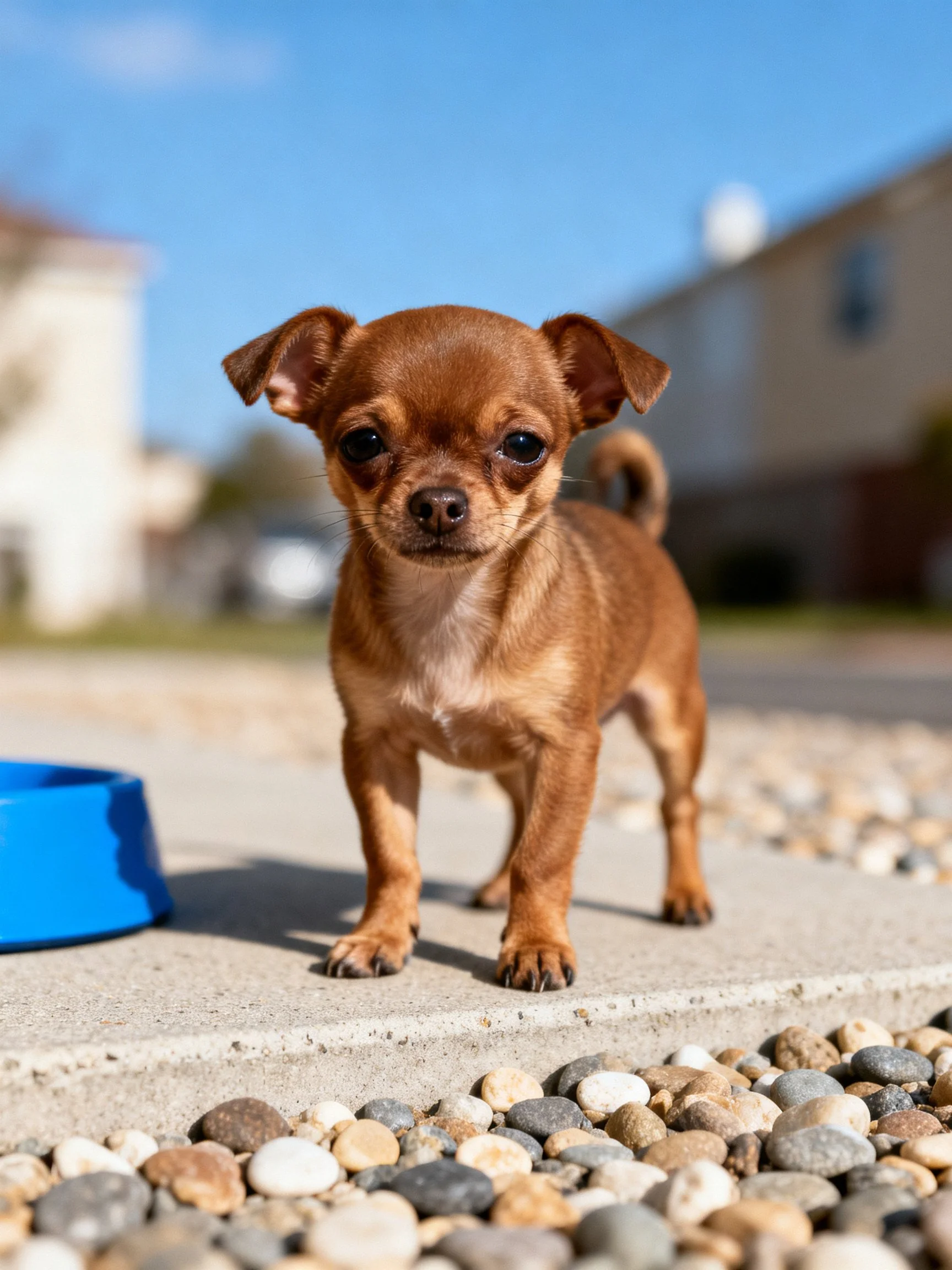 A small brown Chihuahua puppy stands on concrete near pebbles beside a blue bowl.