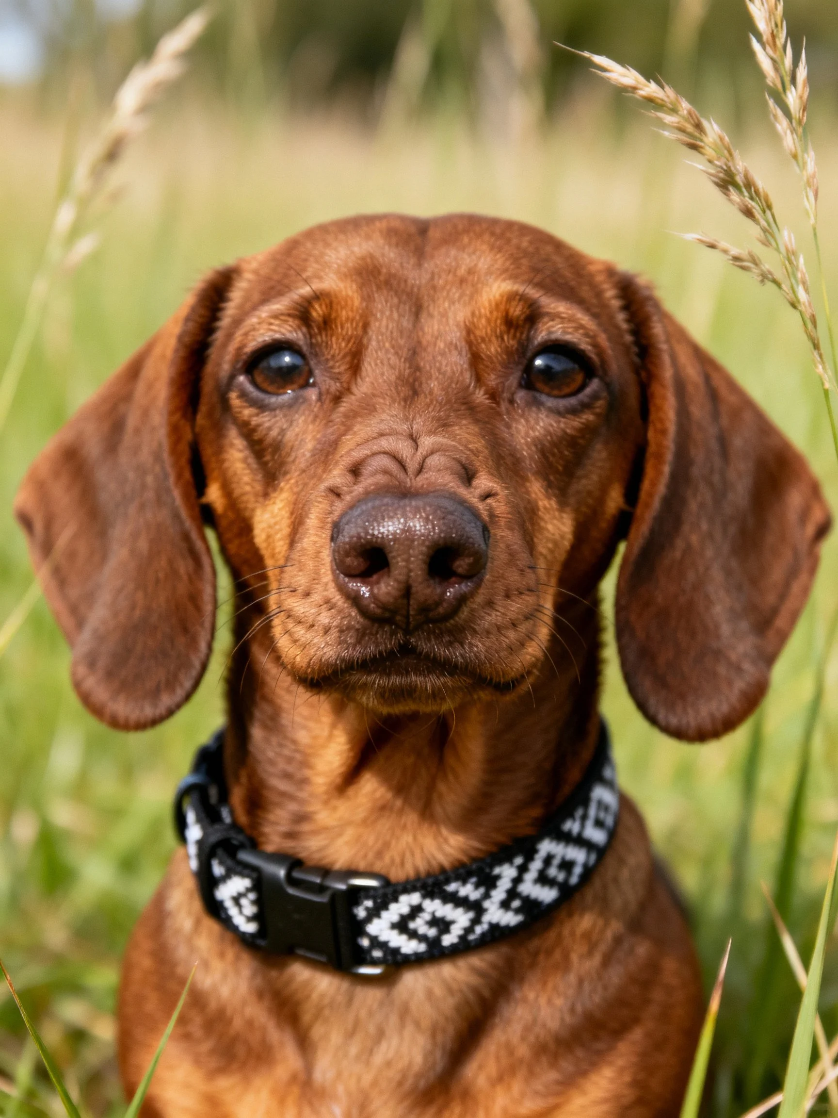 Brown Dachshund with patterned collar in tall grass