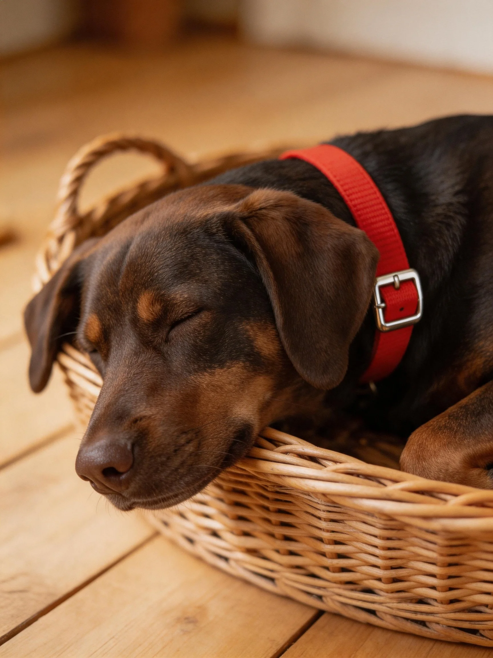 A brown and black dog sleeps in a wicker basket indoors.