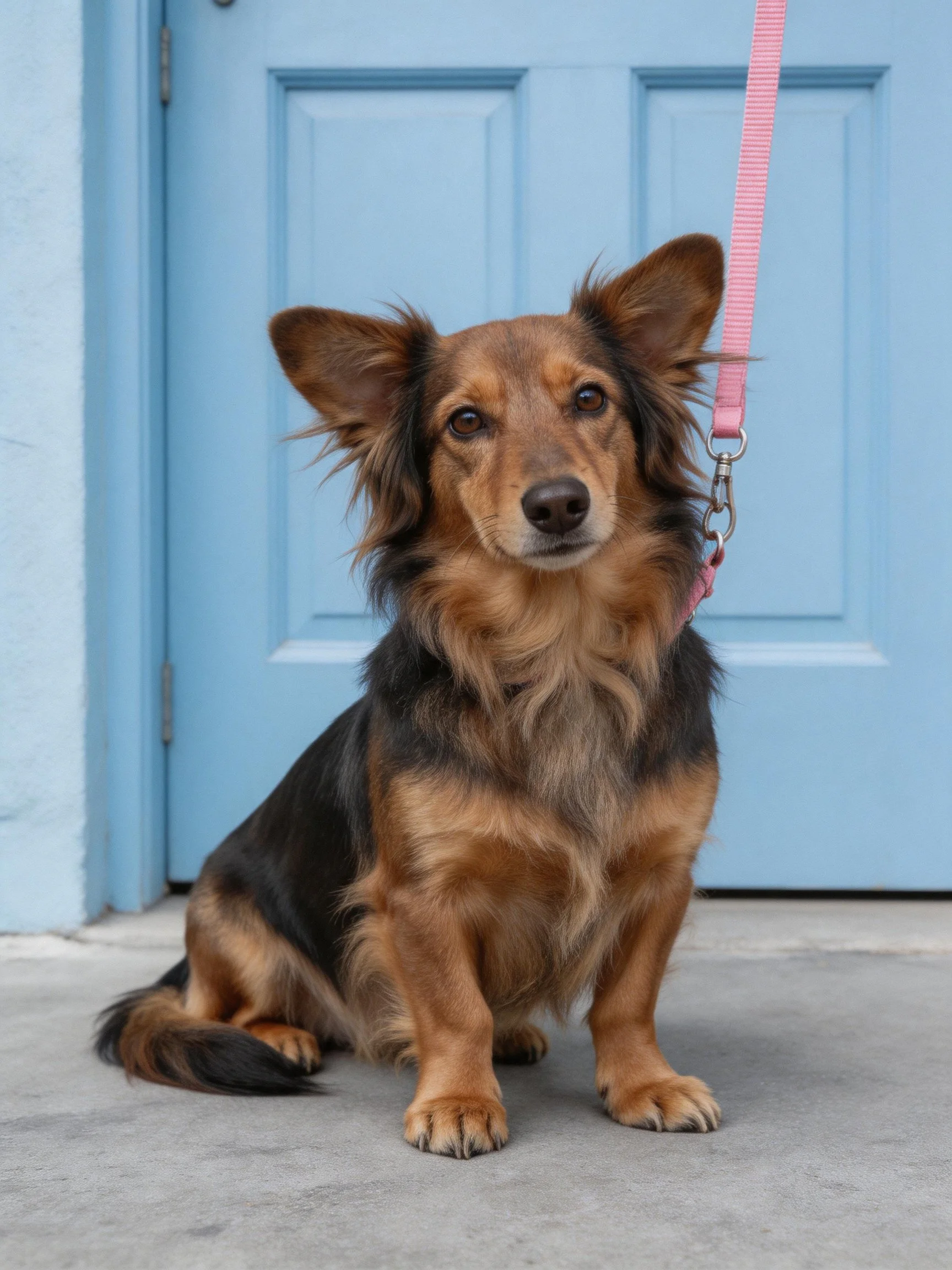 Brown and black mixed-breed dog sitting by blue door with pink leash