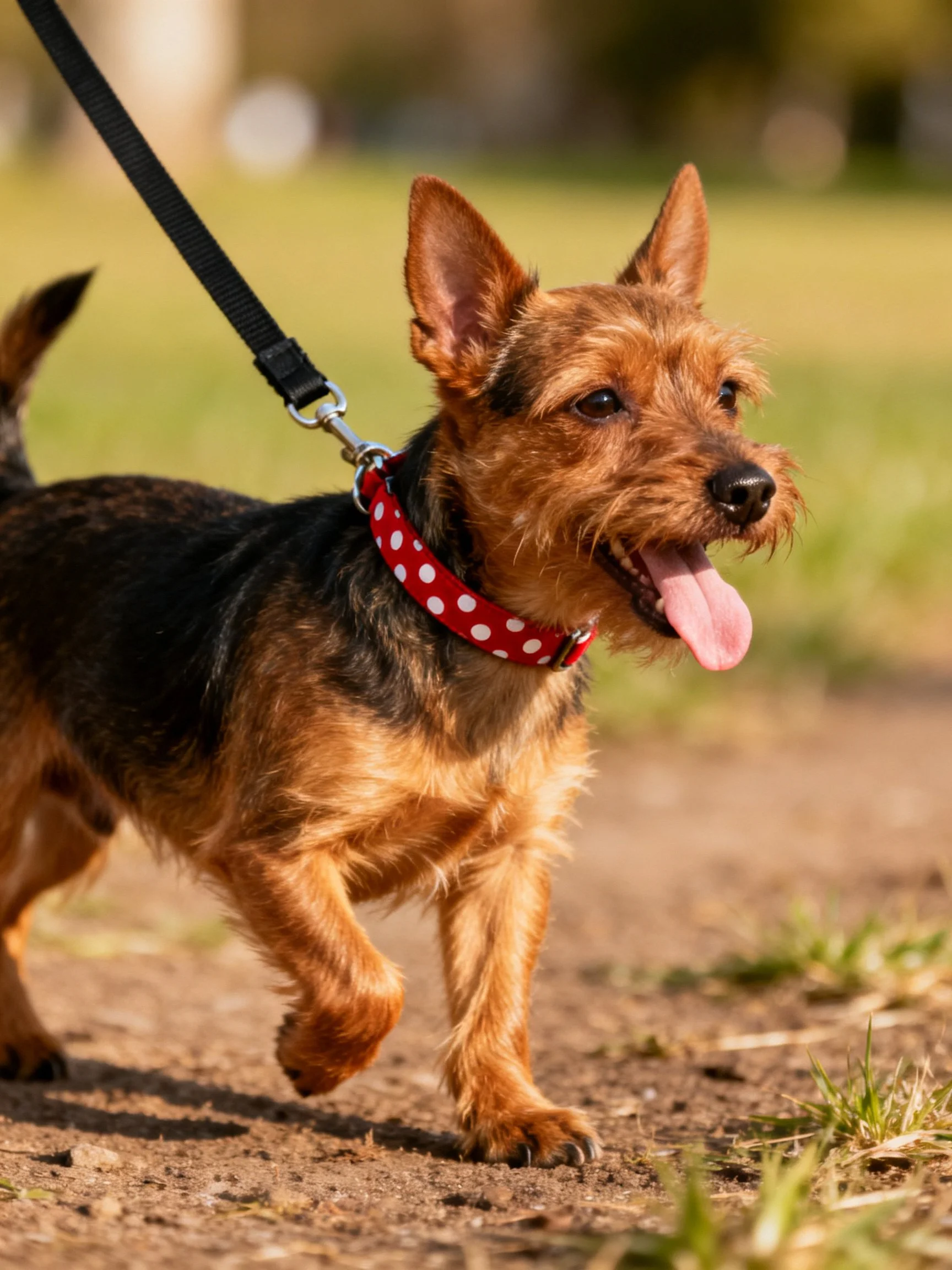 A small terrier with a red polka dot collar enjoys an outdoor walk.
