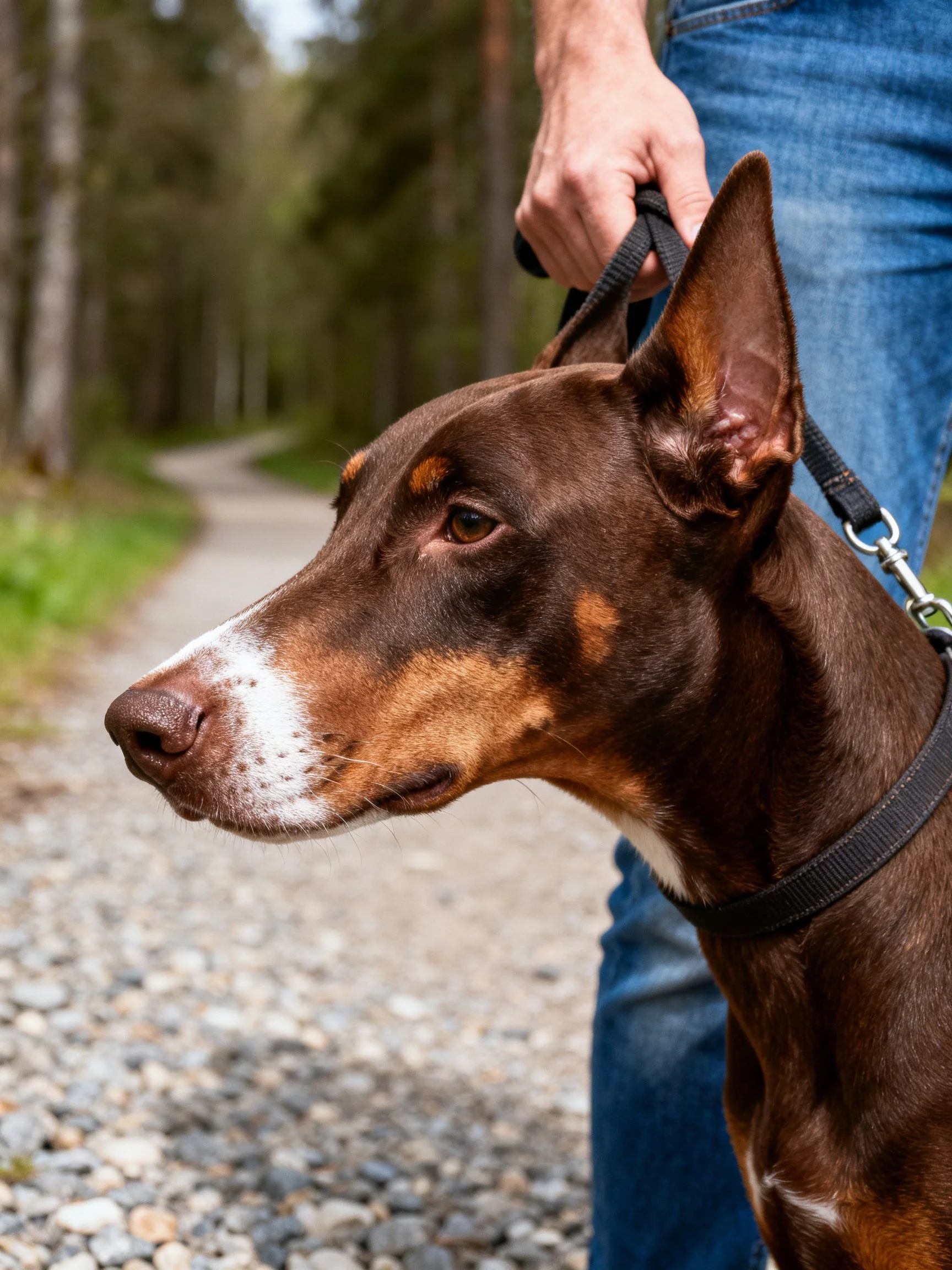 Brown and tan Doberman on a leash near a forest path