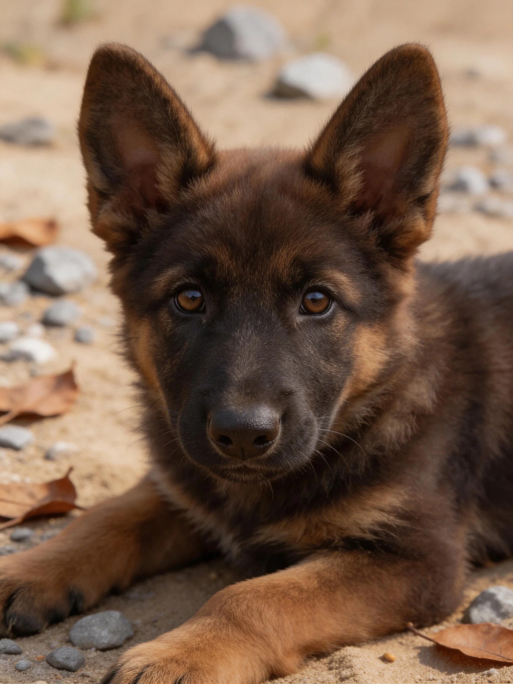 A German Shepherd puppy rests on sandy ground among rocks and dry leaves