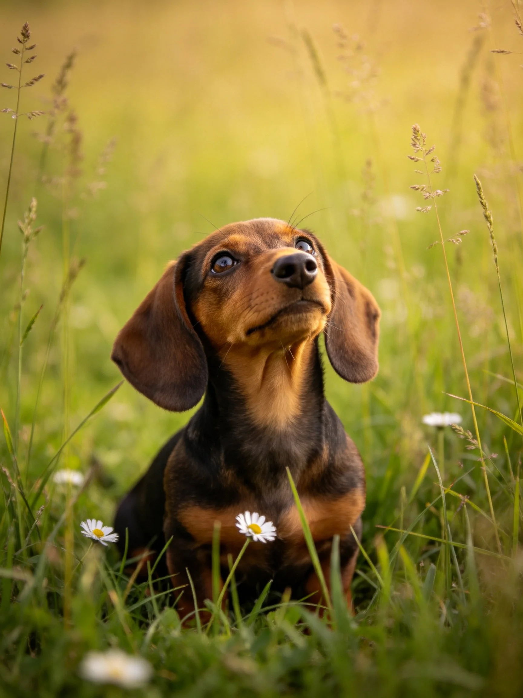 Brown and tan dachshund puppy in tall green grass with white daisies