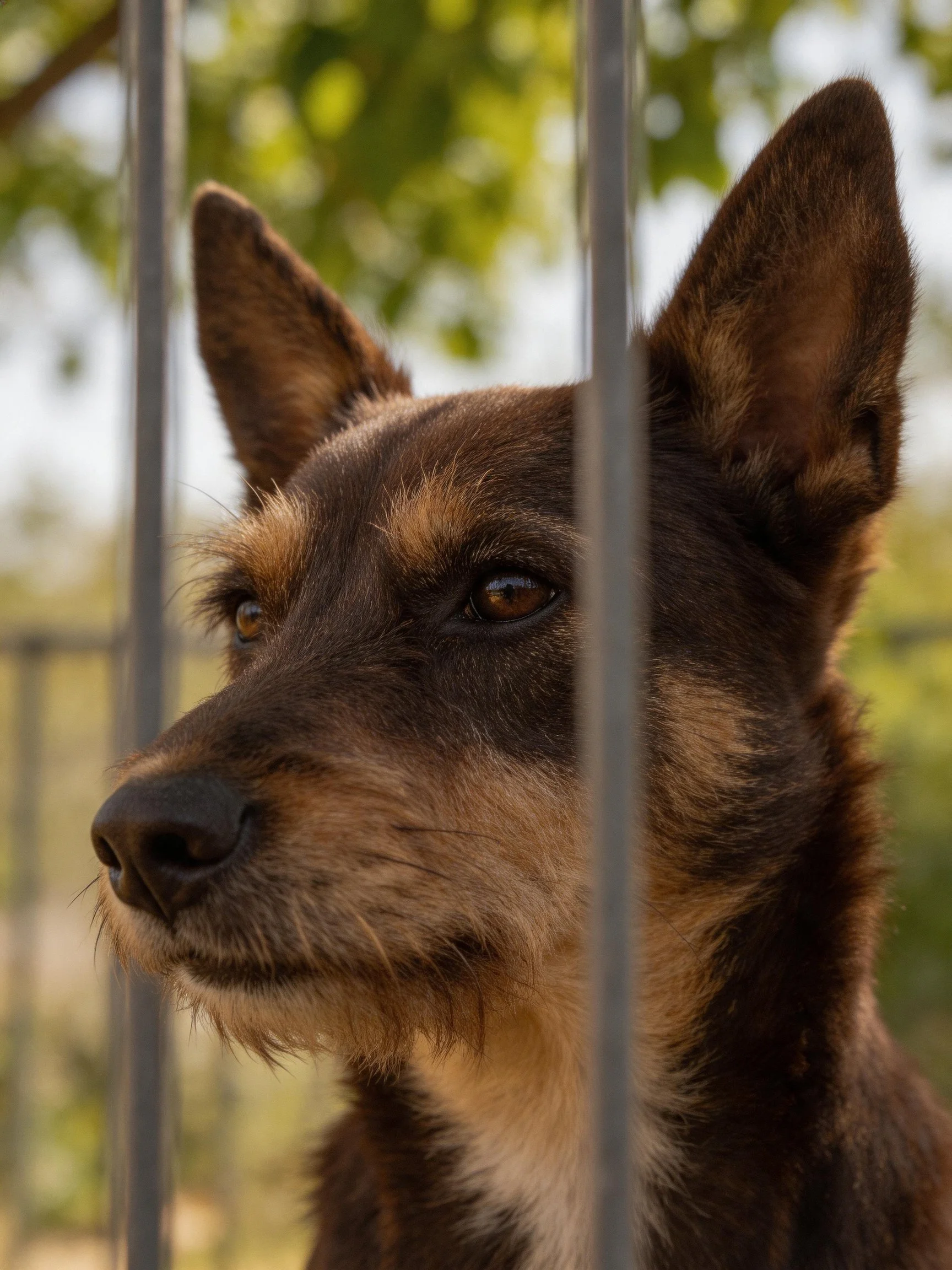 Brown and tan dog peering through metal bars in an outdoor setting