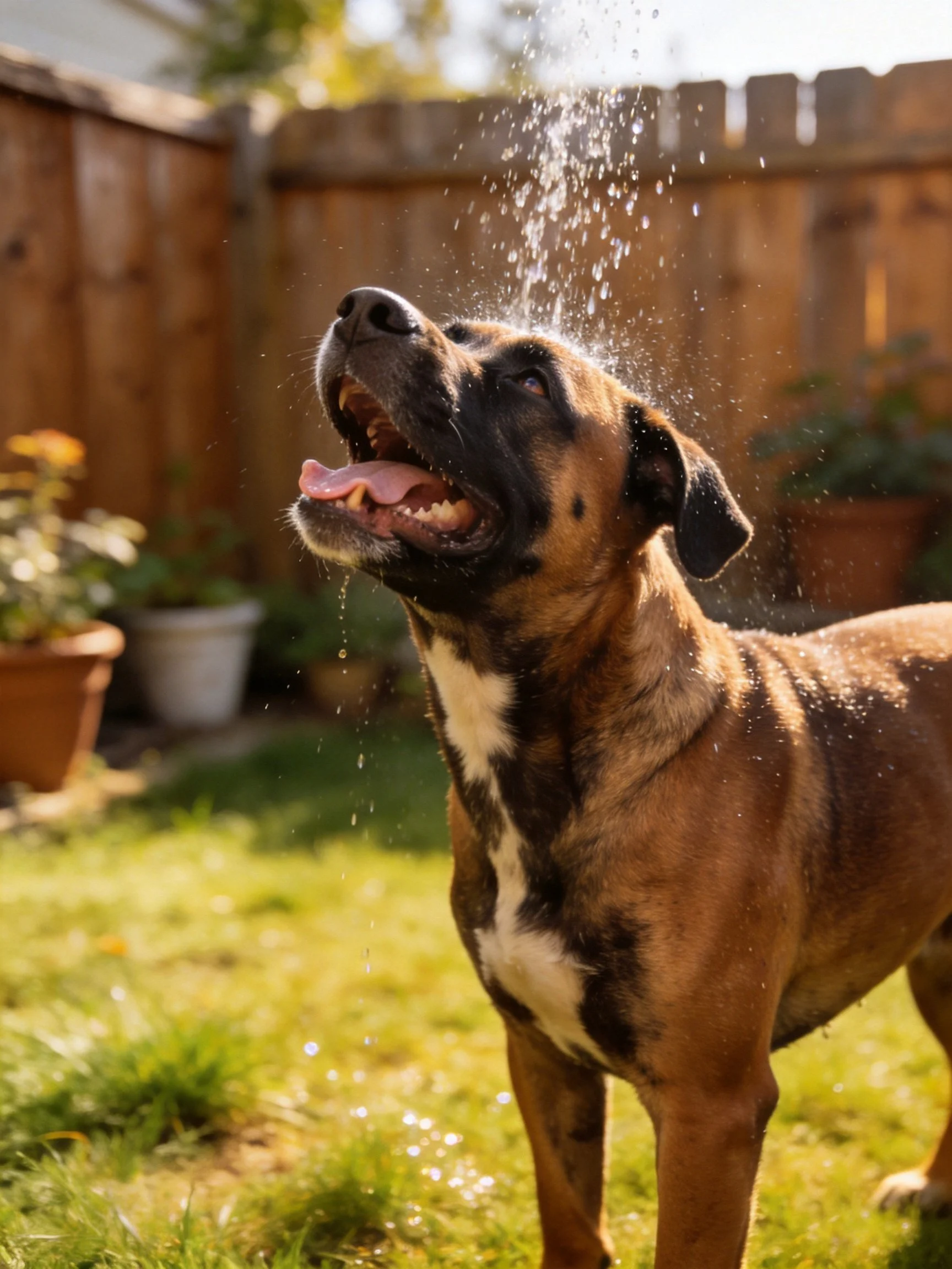 A brown dog with white markings enjoys water spray in a sunny backyard.