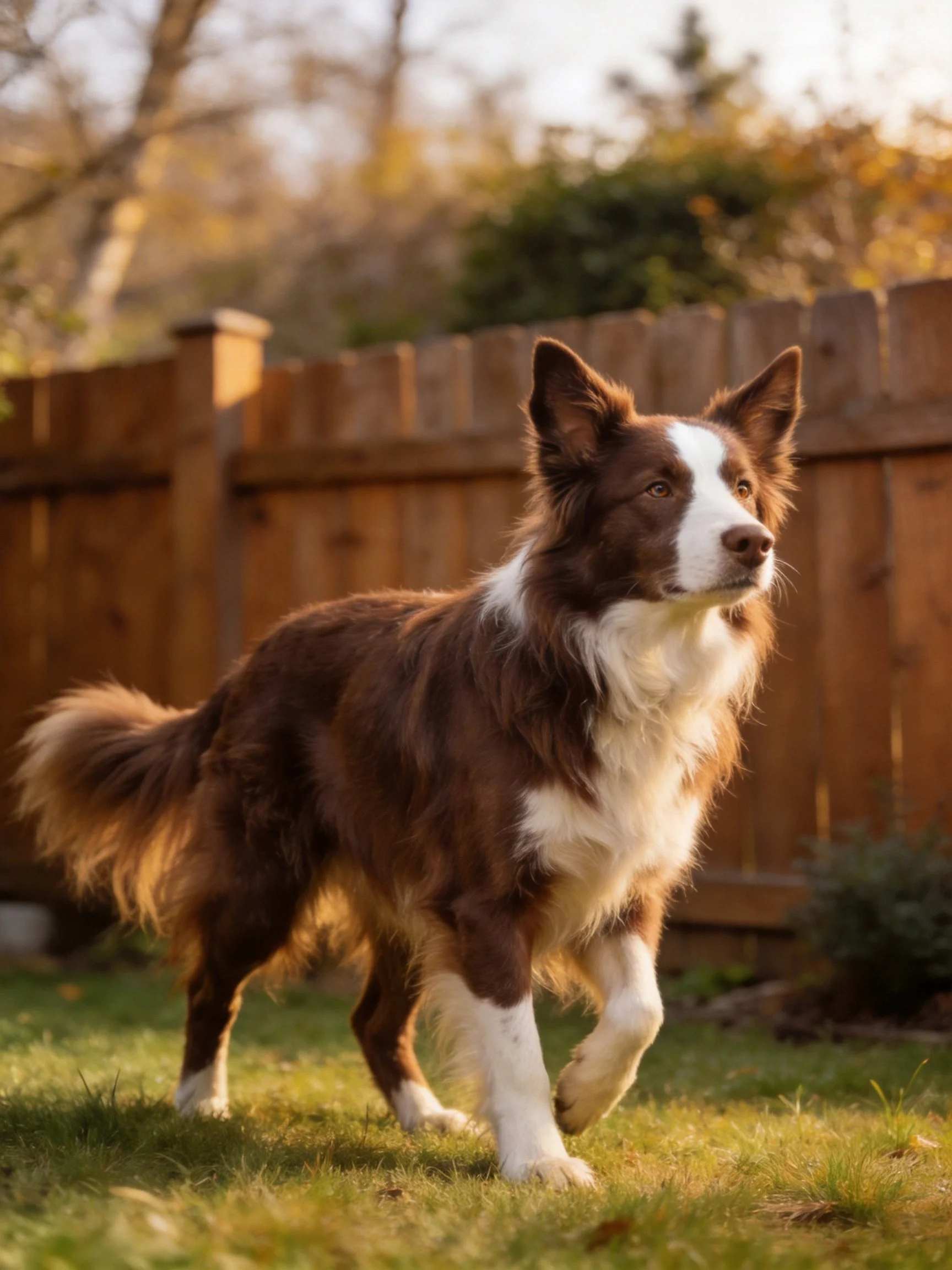 A brown and white Border Collie moves through a sunlit backyard with a wooden fence.