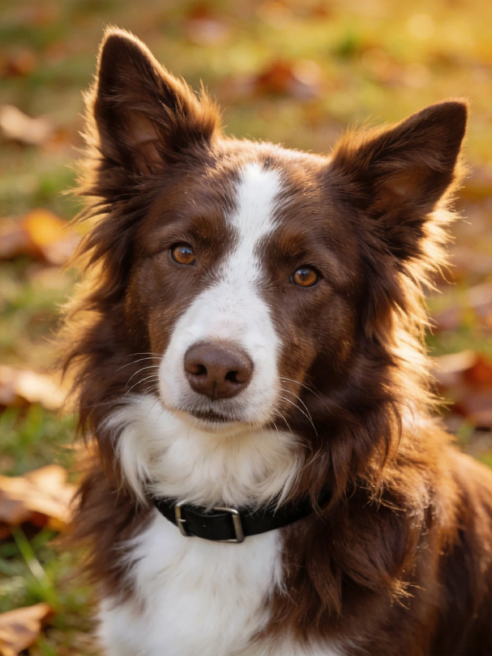 A brown and white Border Collie stands outdoors near fallen leaves.