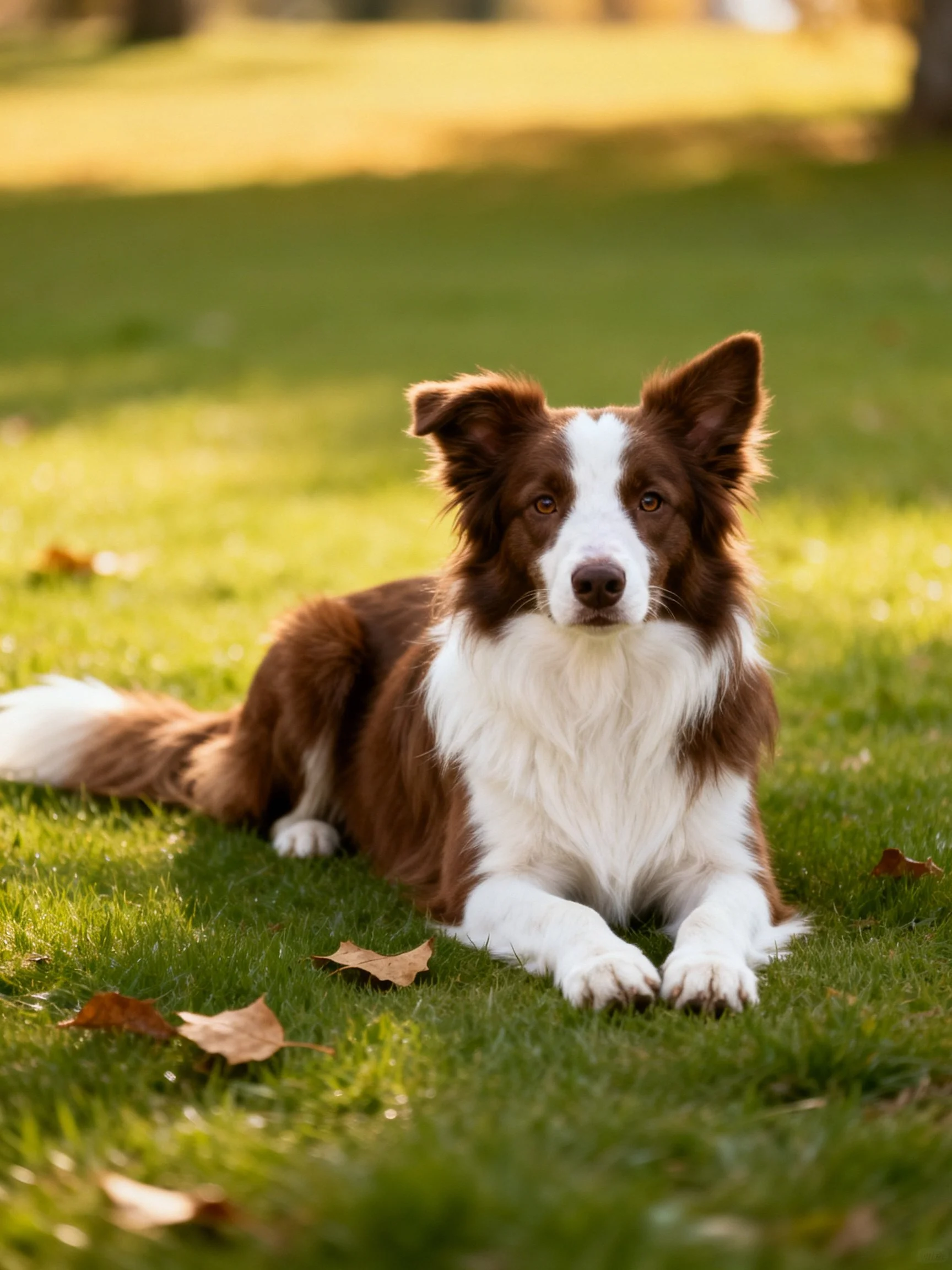 A brown and white Border Collie rests on sunlit grass among fallen leaves.