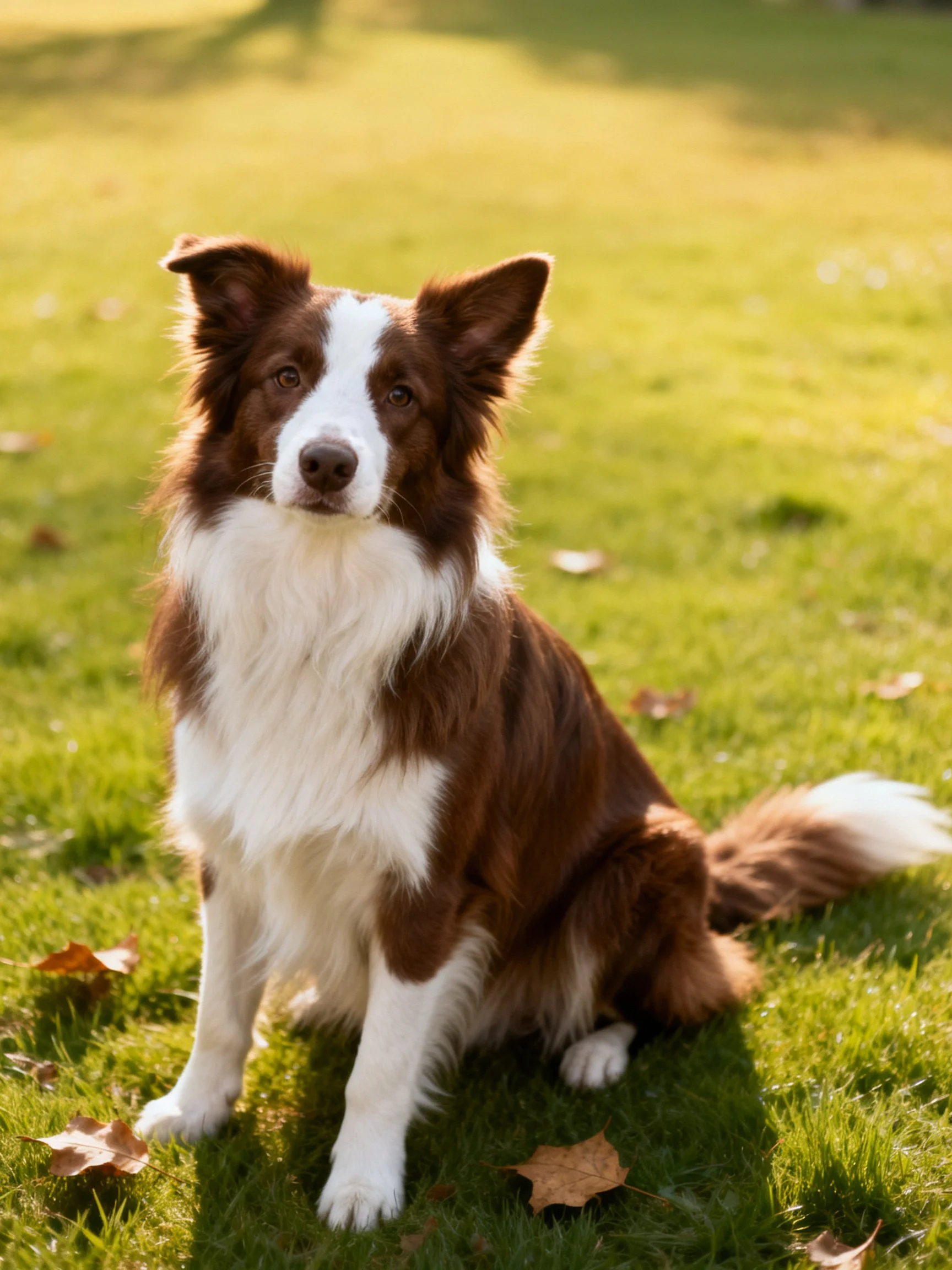 A brown and white Border Collie sits calmly on sunlit grass.