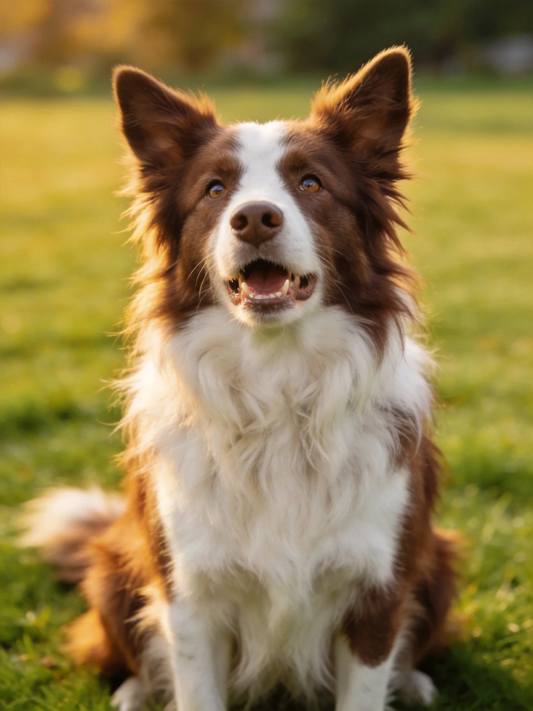 A brown and white Border Collie sits calmly outdoors on grass.