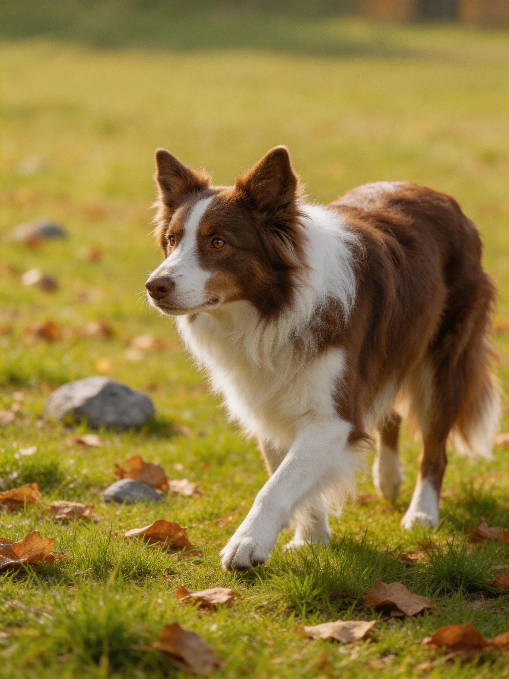 A brown and white Border Collie walks through a grassy area with fallen leaves.