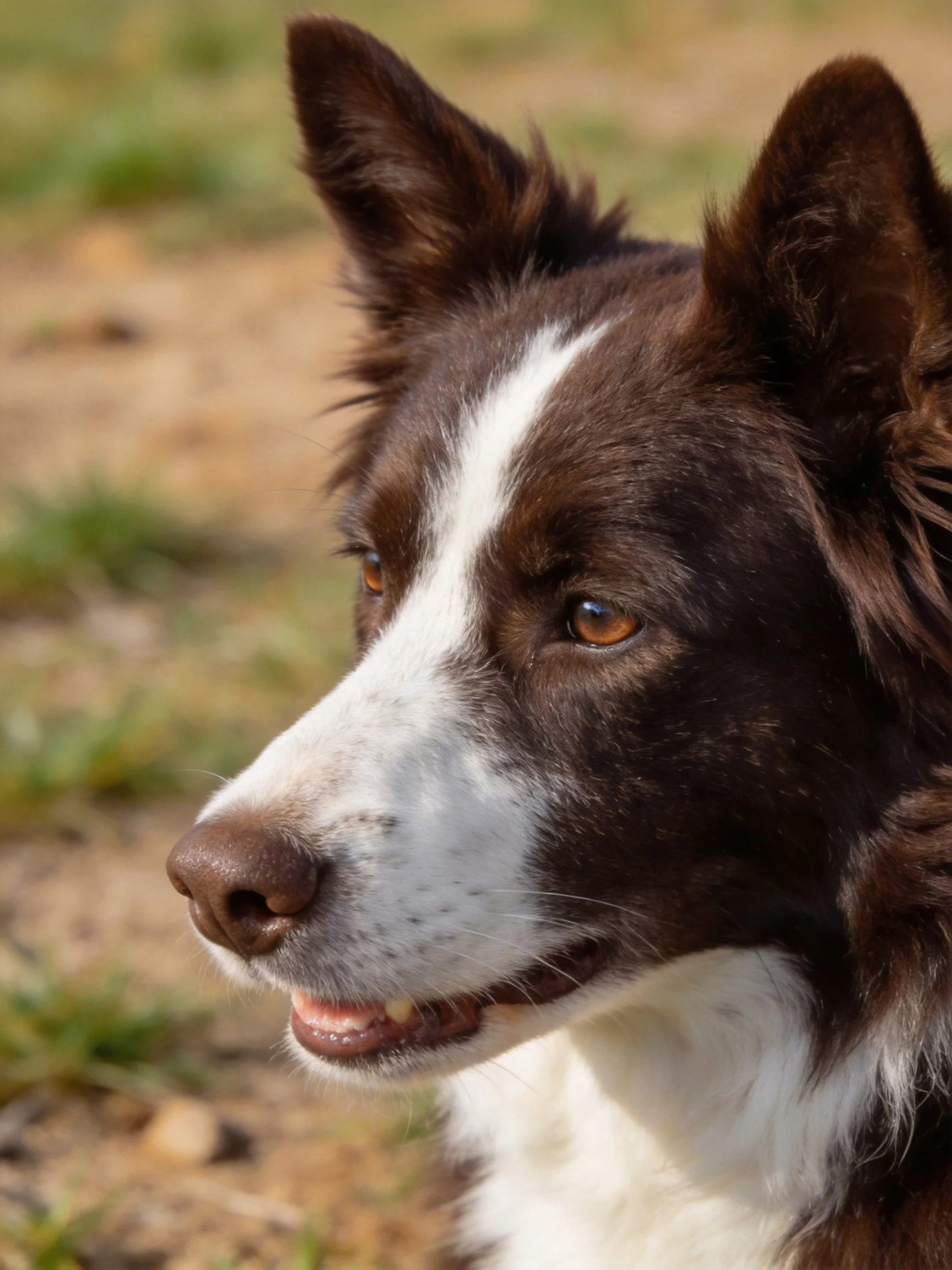 A brown and white Border Collie looks attentively in an outdoor setting.