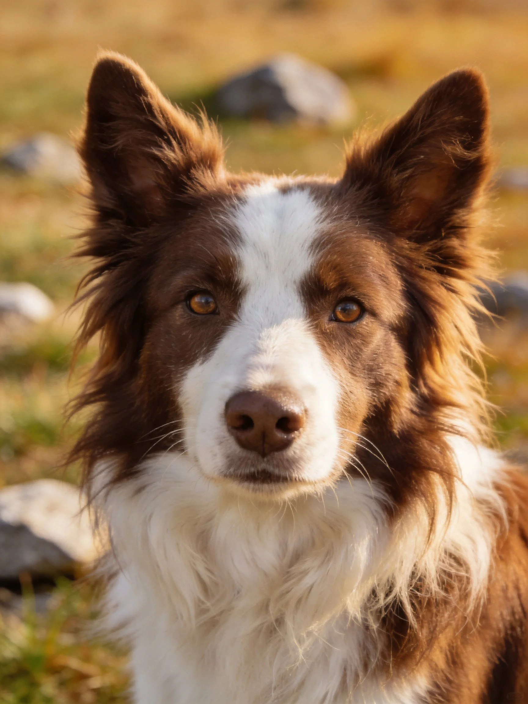 A brown and white Border Collie stands attentively in a rocky, grassy landscape.