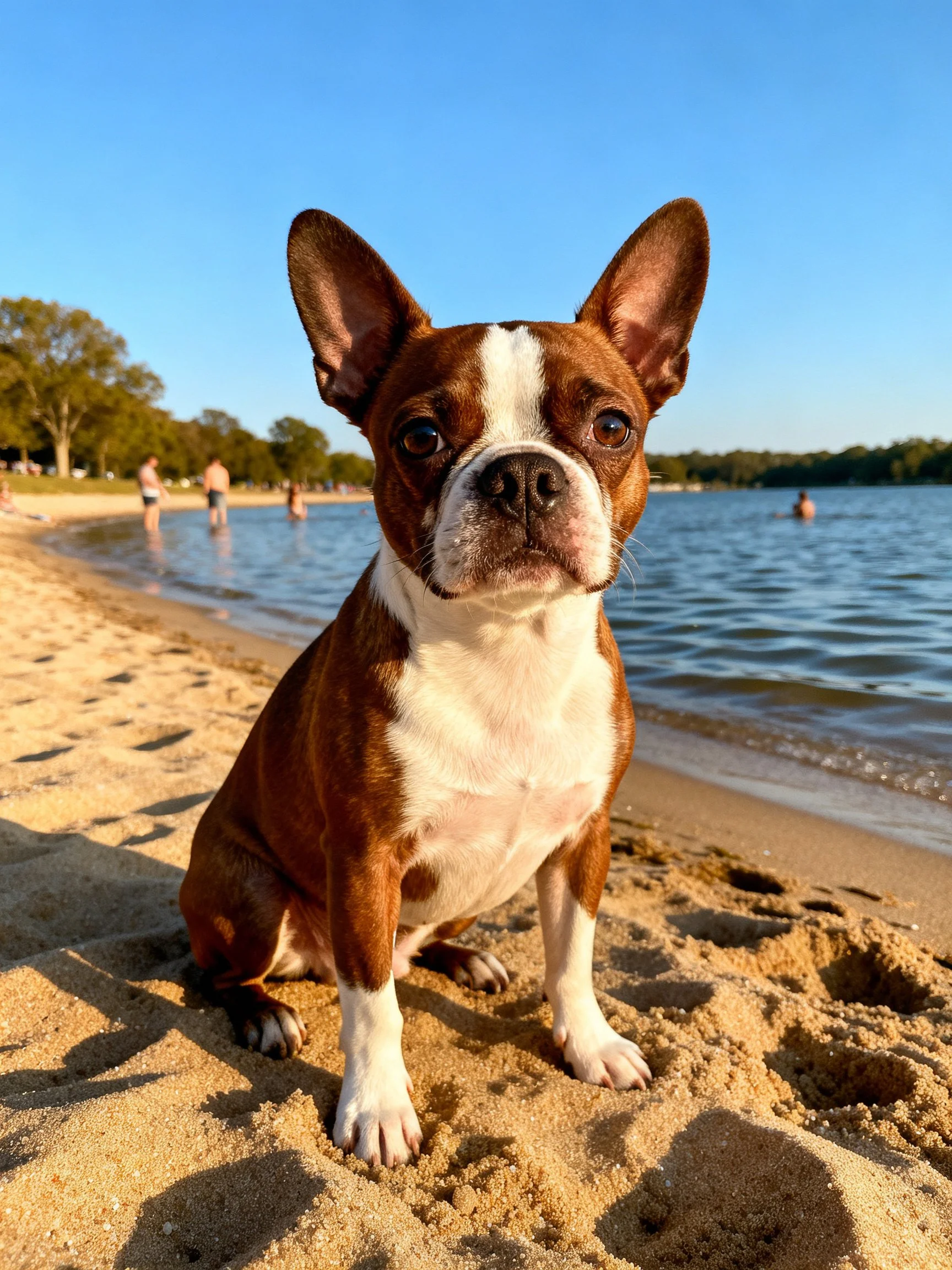 A brown and white Boston Terrier sits on a sandy beach near water.