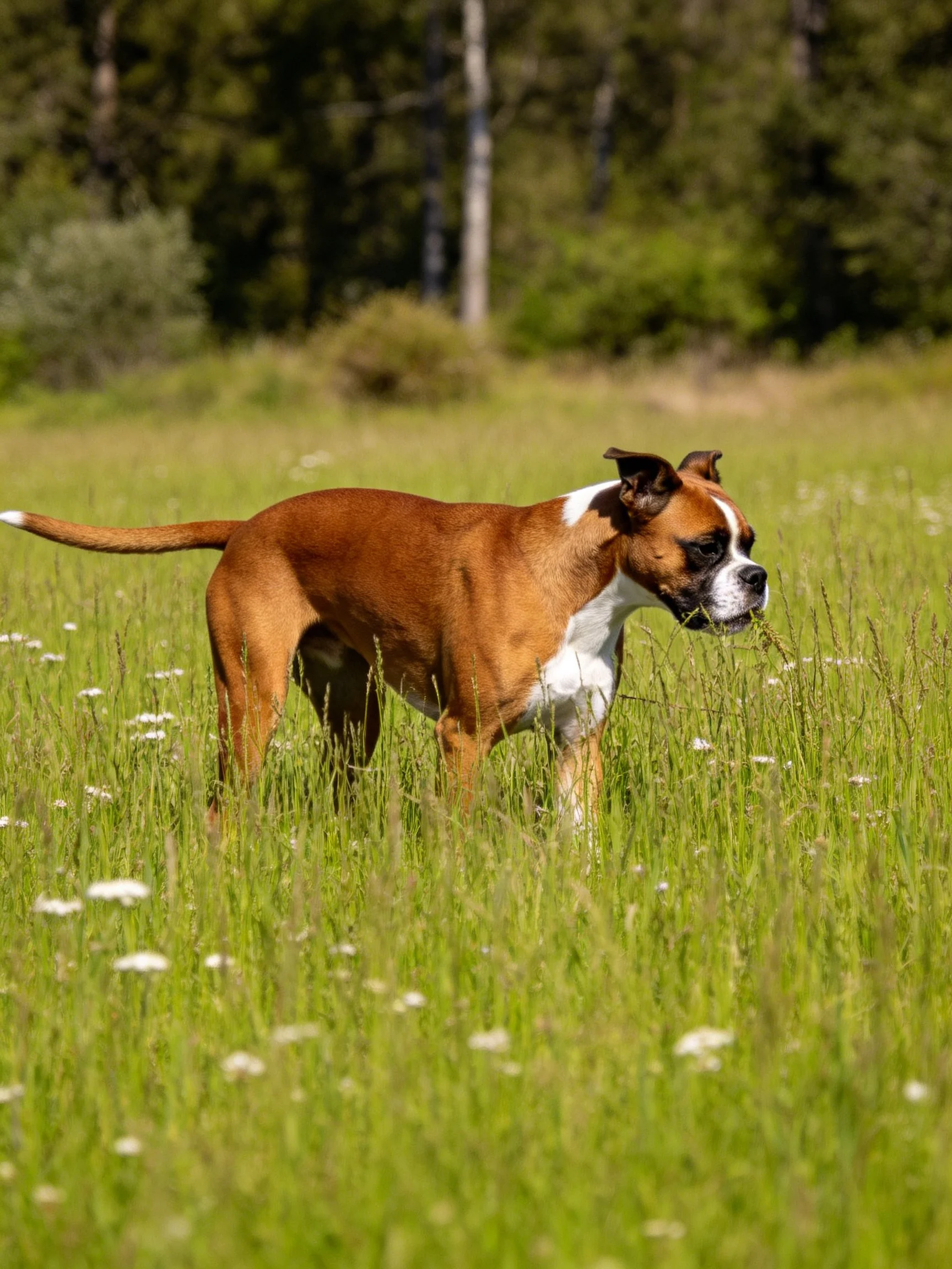 Brown and white Boxer dog in a sunlit grassy meadow