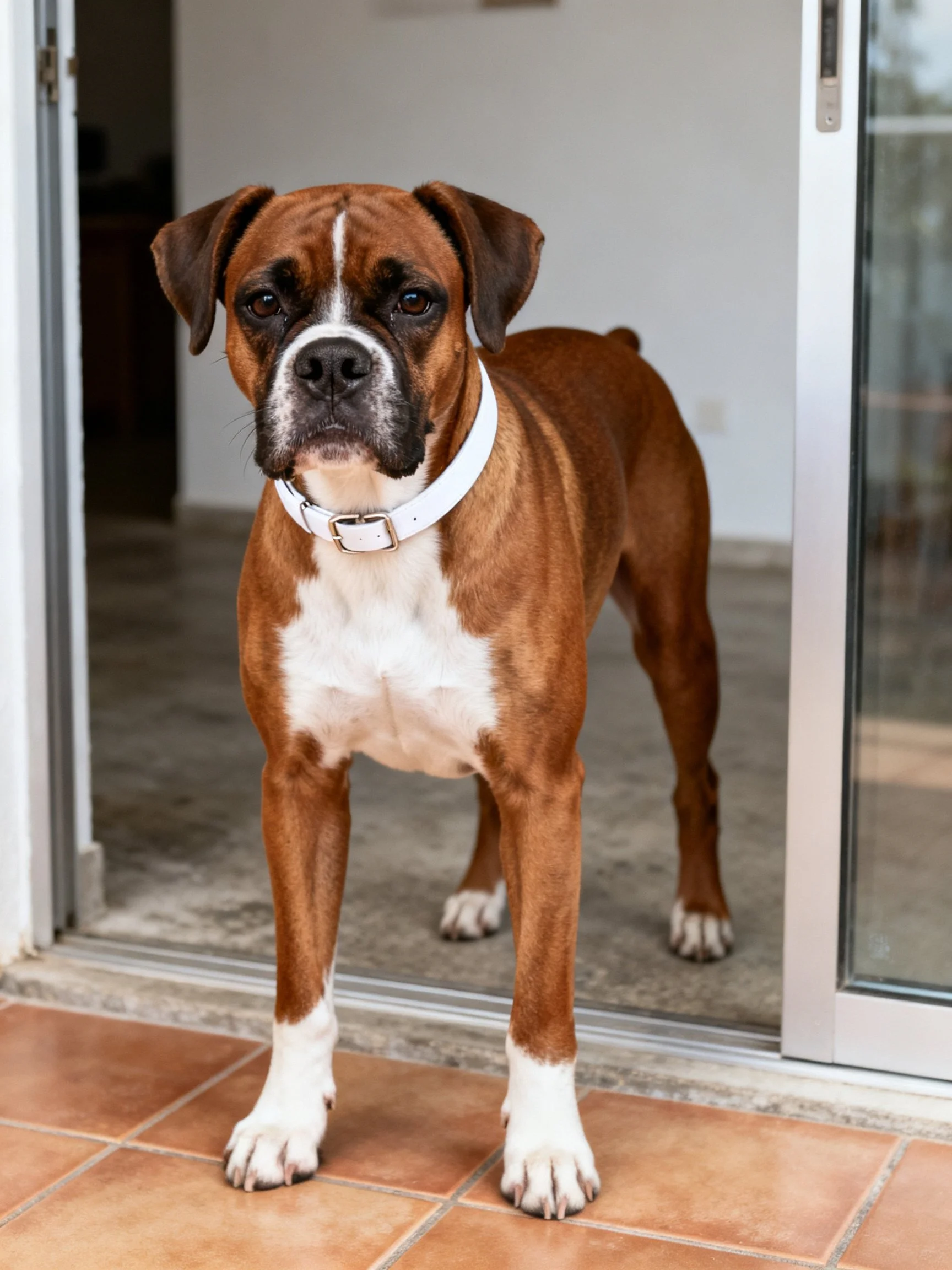 Brown and white Boxer dog stands near open sliding glass door