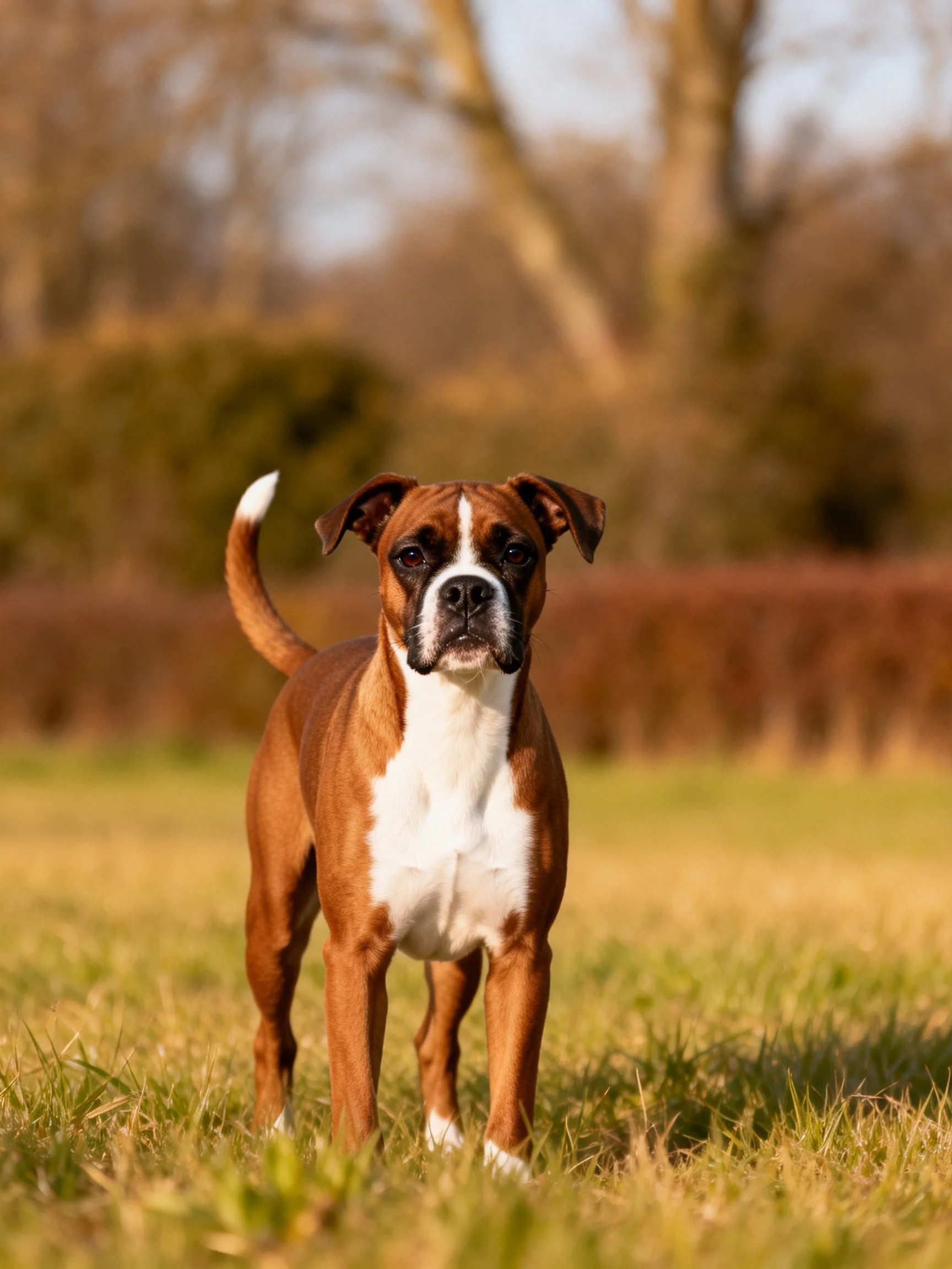 Brown and white Boxer dog stands on grass near blurred trees and hedges