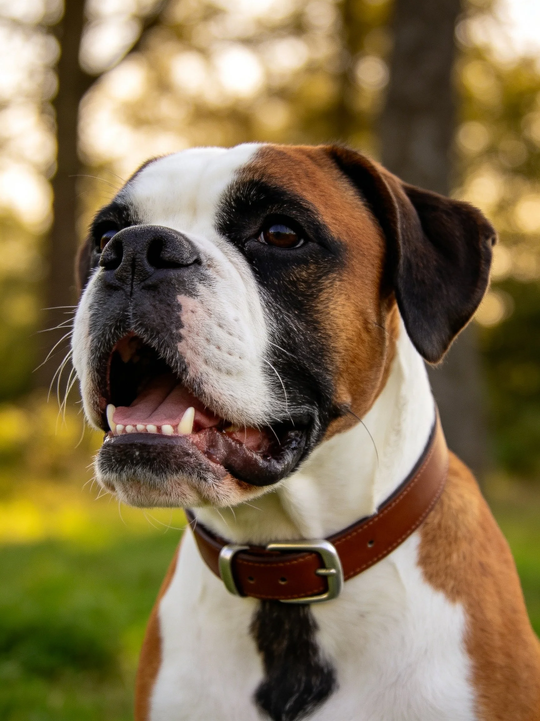 Brown and white Boxer dog with brown collar in natural setting