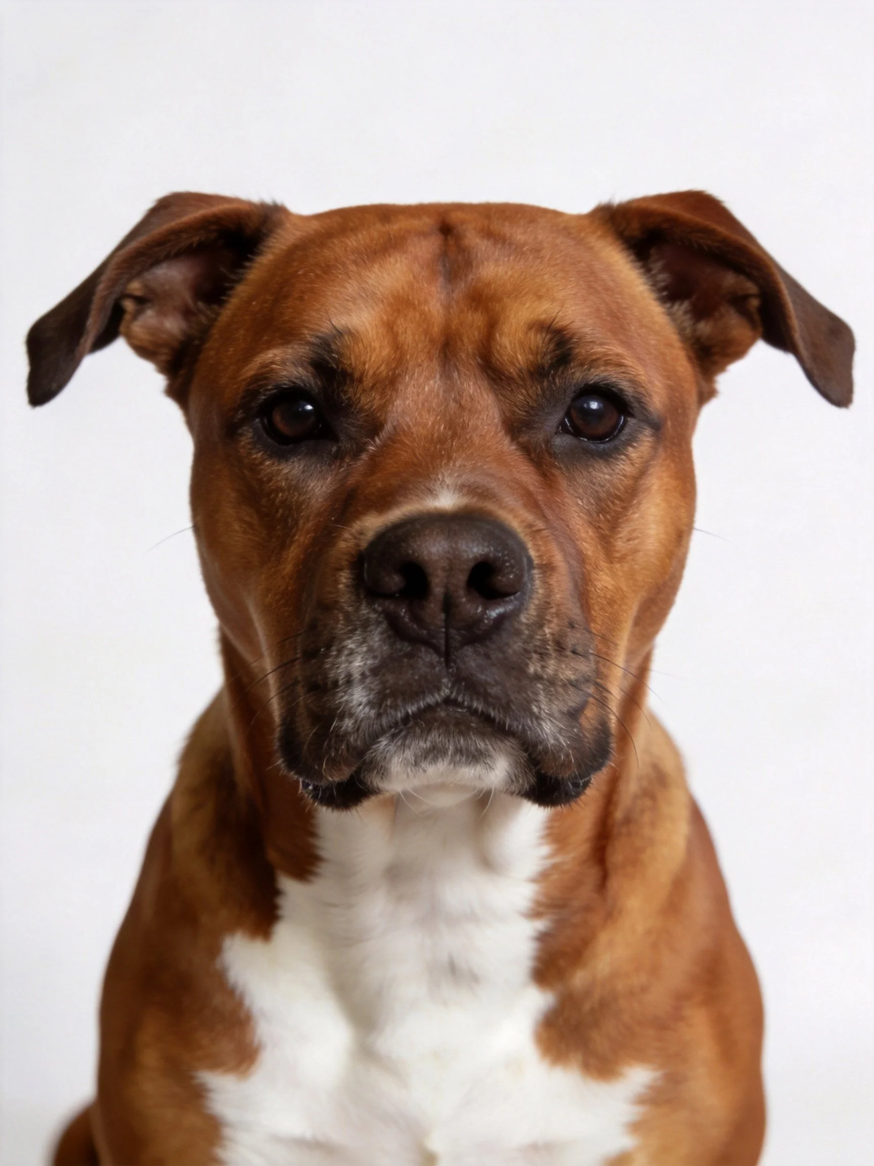 Brown and white Boxer dog with floppy ears on plain white backdrop