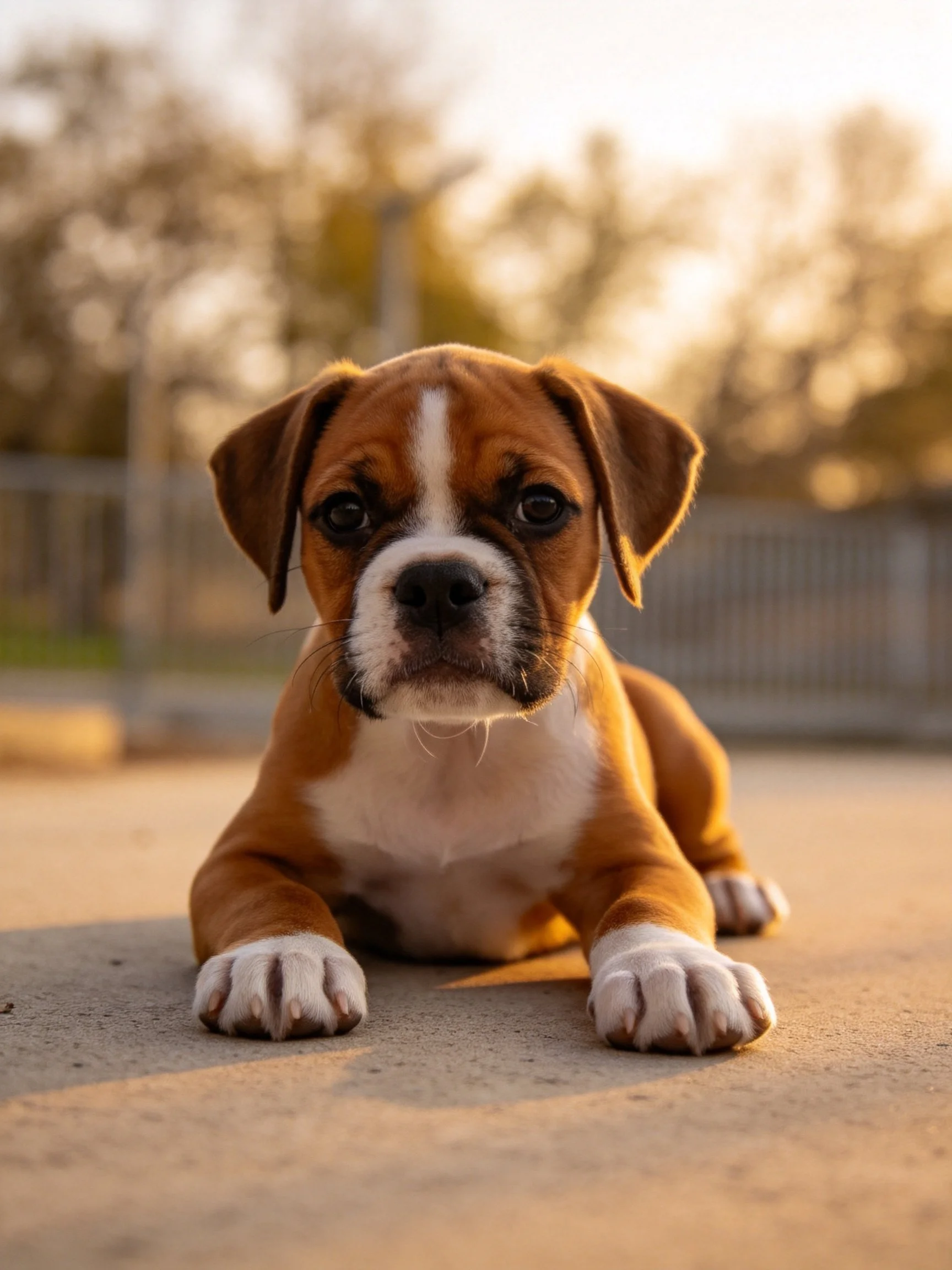 Brown and white Boxer puppy resting on concrete outdoors
