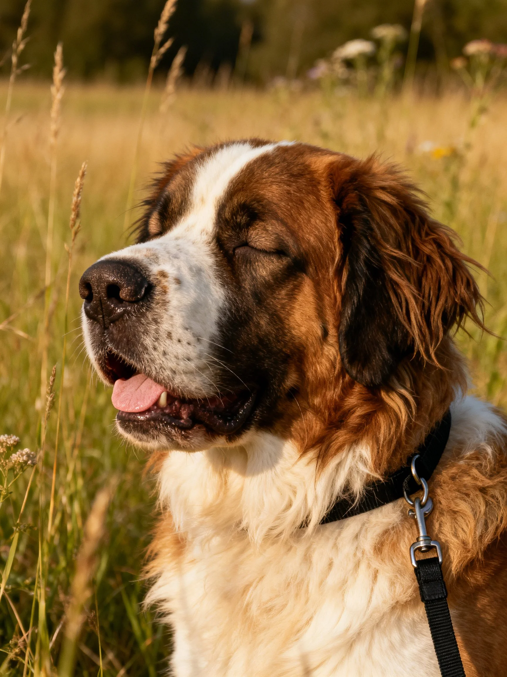 Brown and white Saint Bernard resting in tall golden meadow grass
