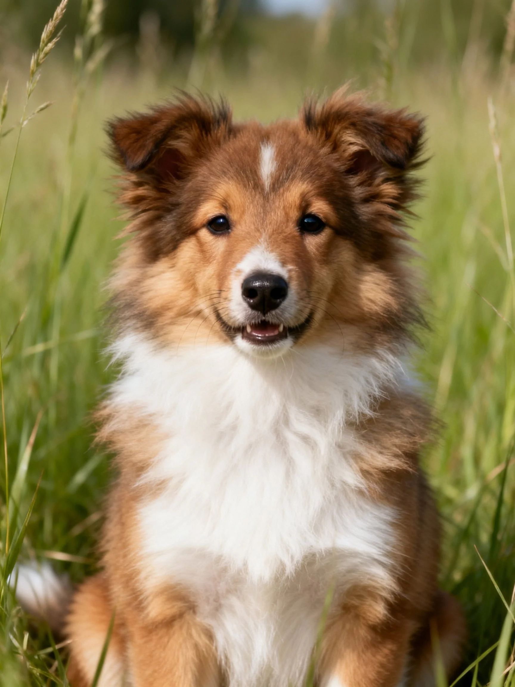 Brown and white Sheltie puppy in tall green grass