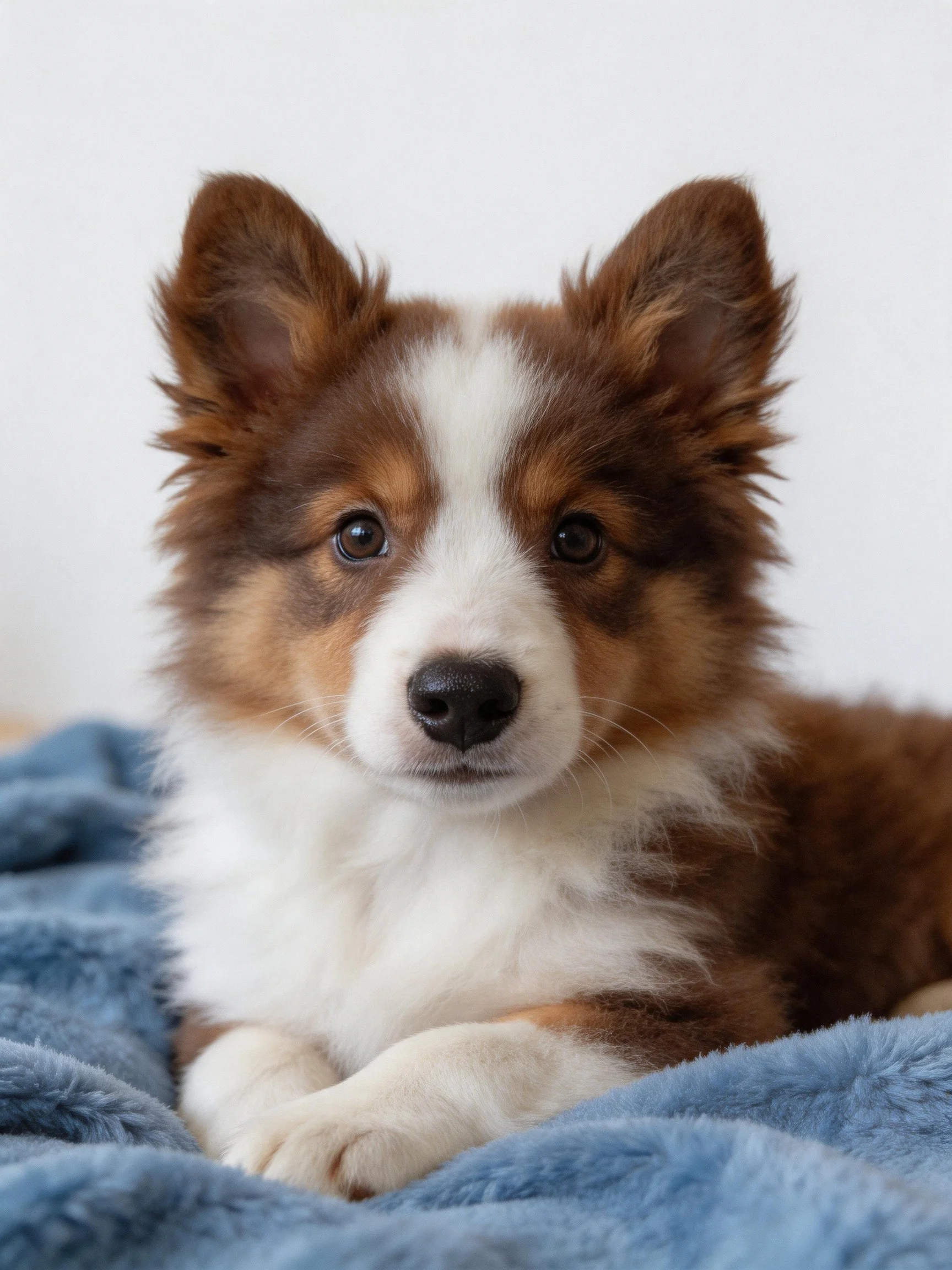 Brown and white Shetland Sheepdog puppy resting on a blue blanket