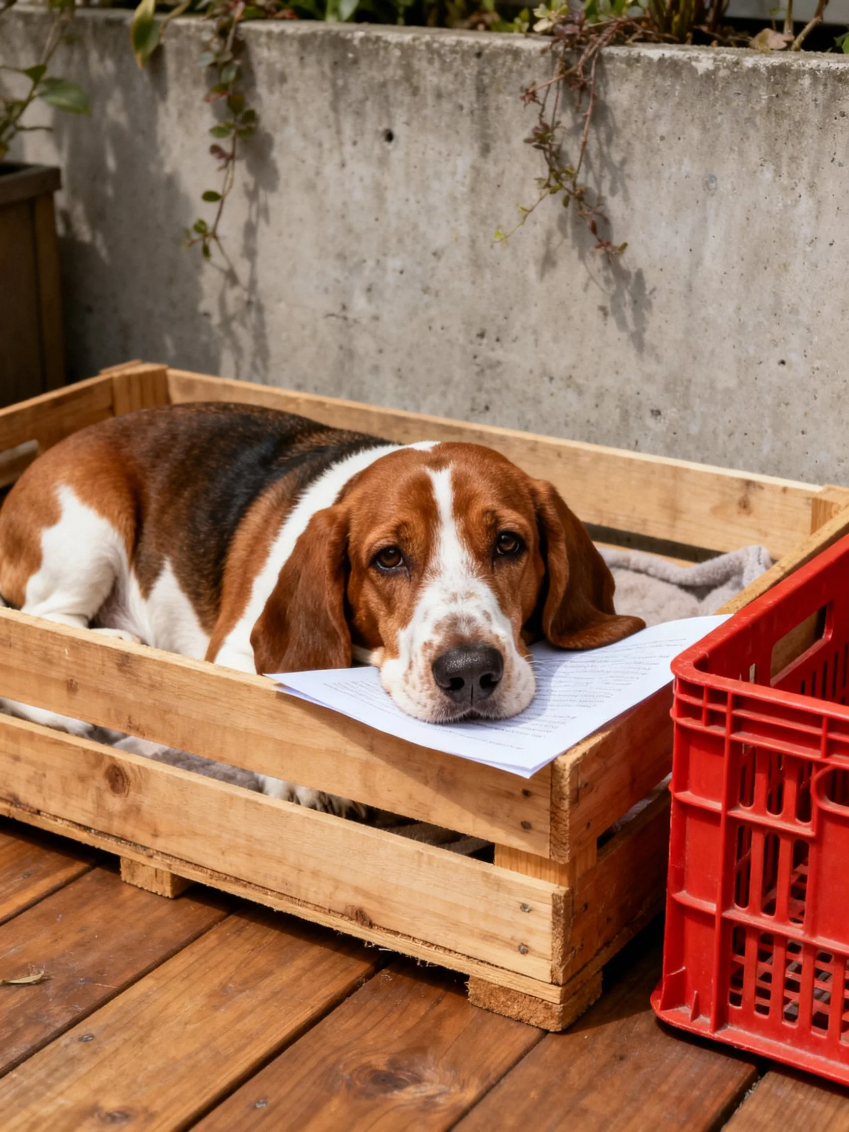 Brown and white basset hound resting in wooden crate with paper under chin