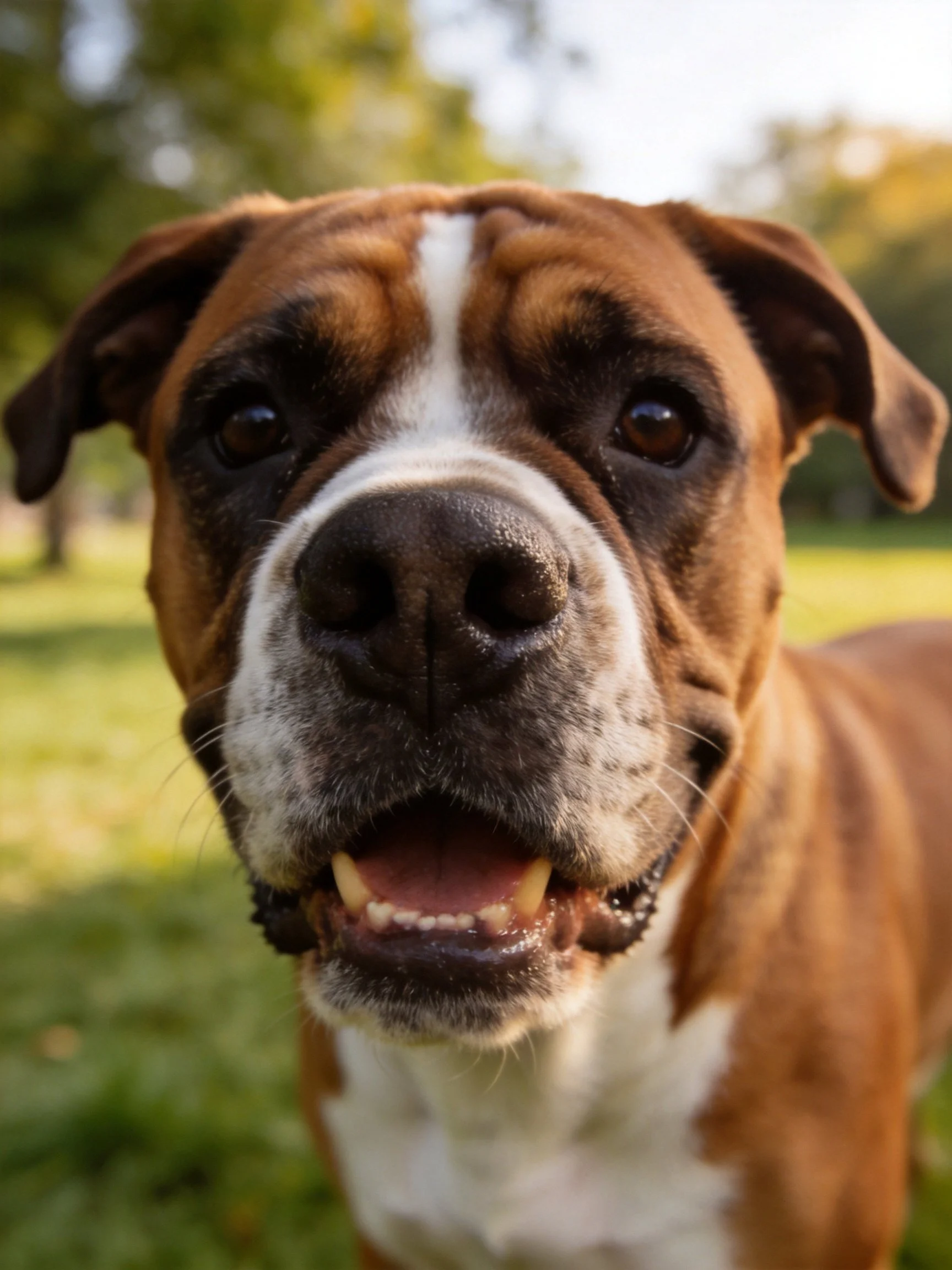 Brown and white boxer dog close - up in sunny park
