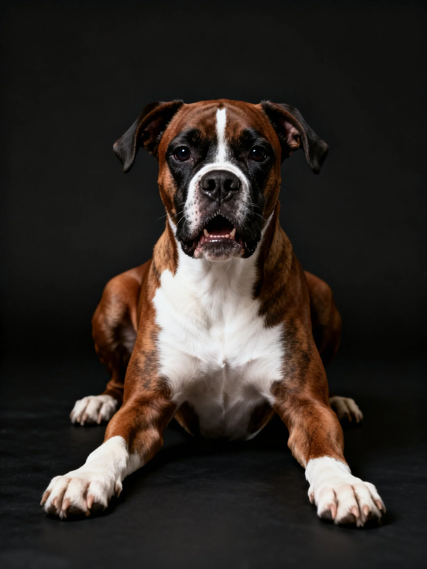 Brown and white boxer dog posed against a solid black background