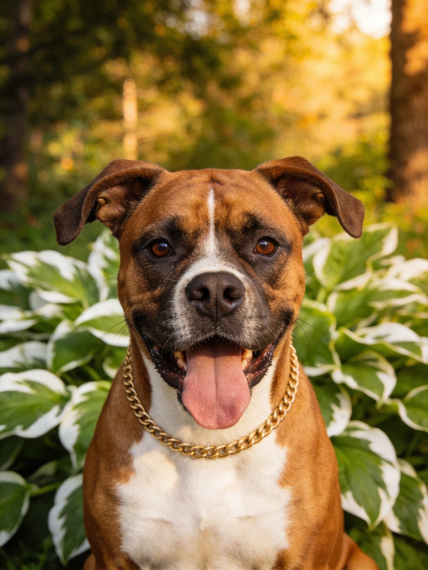 Brown and white boxer dog with gold chain collar in lush greenery