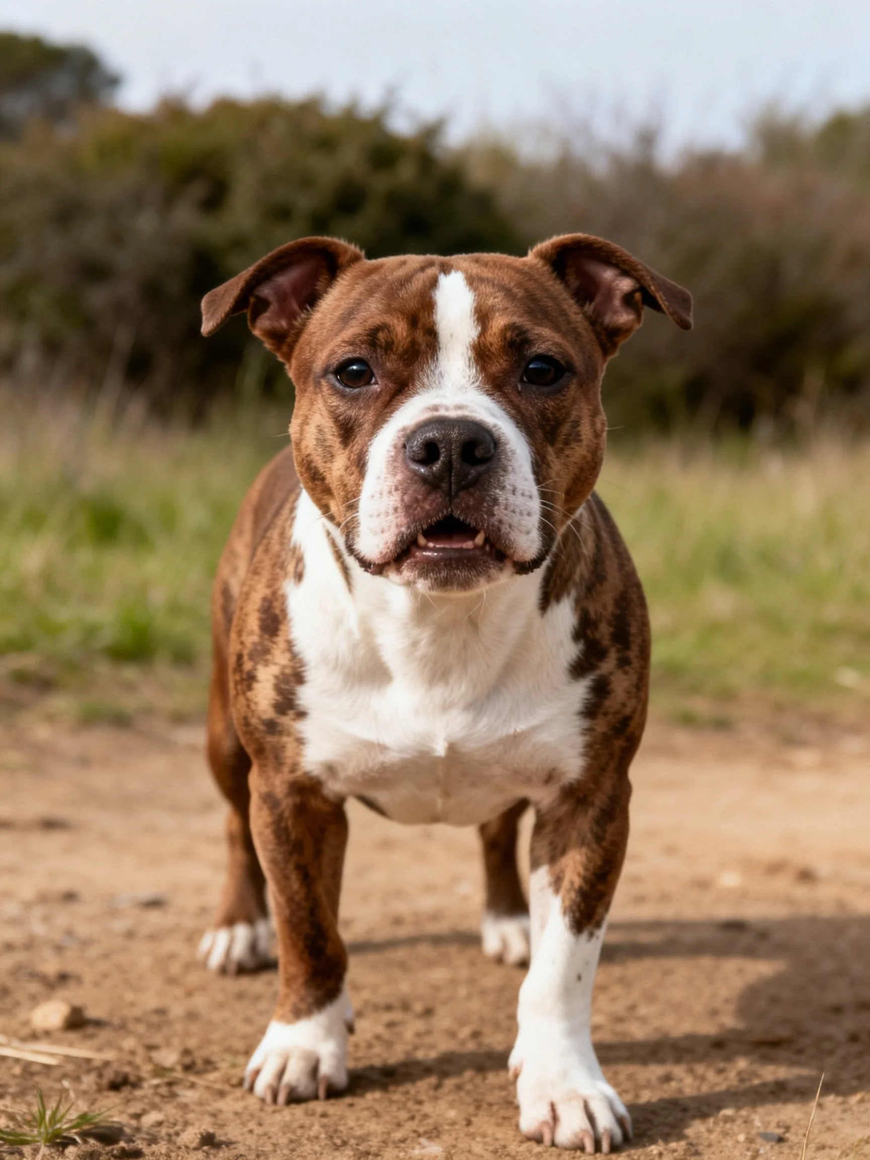 Brown and white brindle dog standing on a dirt path